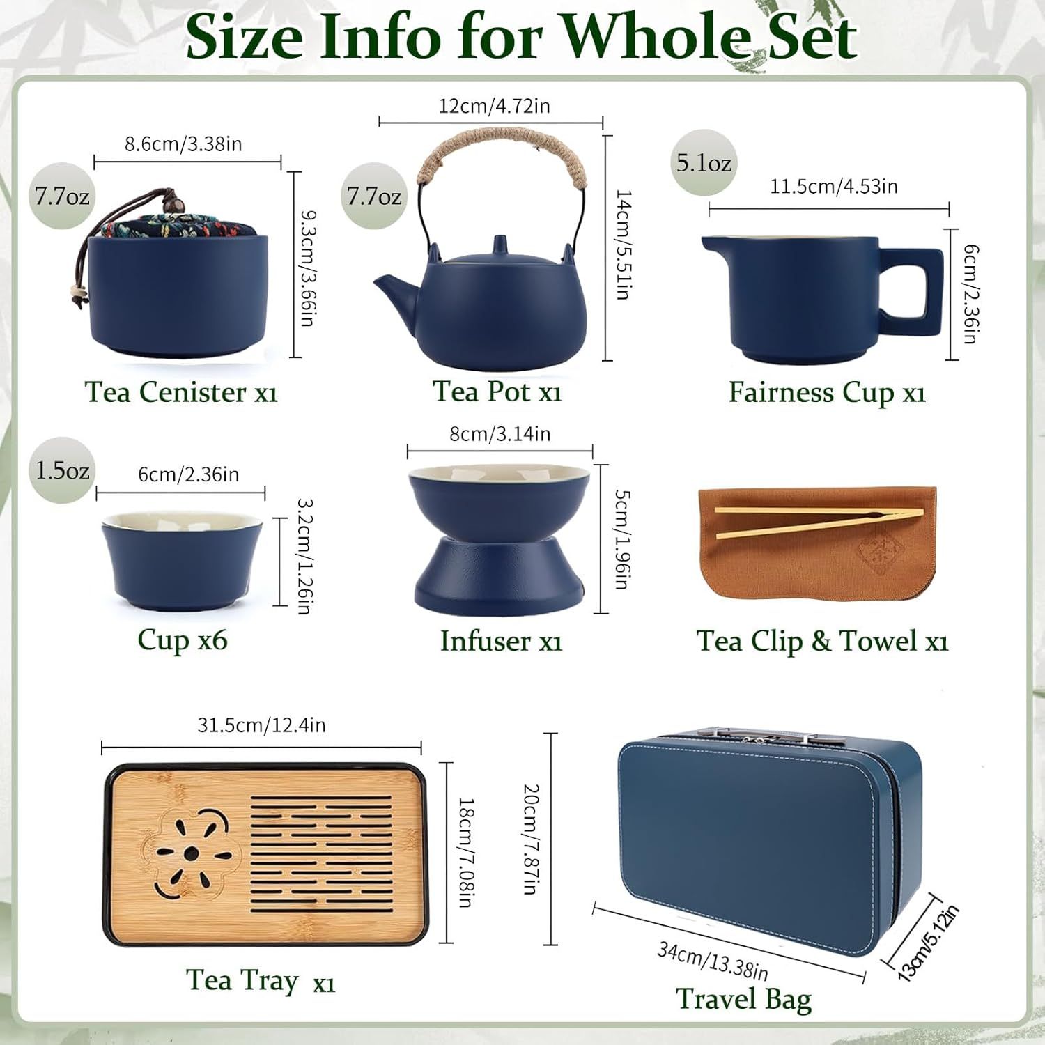 14 Pièces Thé Complet - Service à thé en Porcelaine avec et Plateau, Service à thé Japonais, Service à thé chinois pour Thé en Vrac,6 Tasses en Céramique Isolées de 120 ml,220ml Théière Thés à Fleurs