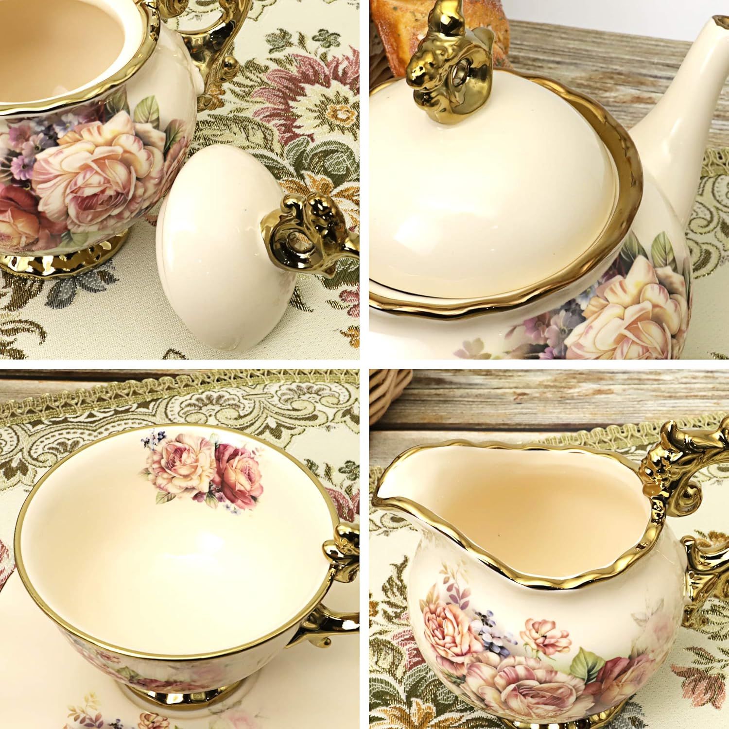 fanquare 15 Pièces Services à Thé de Mariage en Porcelaine Anglaise, Ensemble de Café de Fleurs Vintage, pour Adultes
