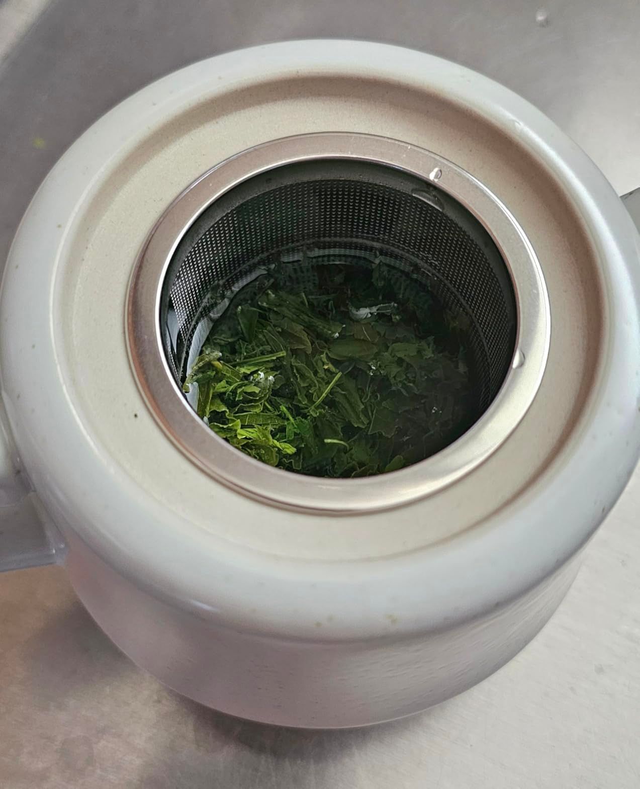 Théière en céramique de style rural avec infuseur en acier inoxydable 473,6 g – Théière en porcelaine fleurie et feuilles mobiles (vert)