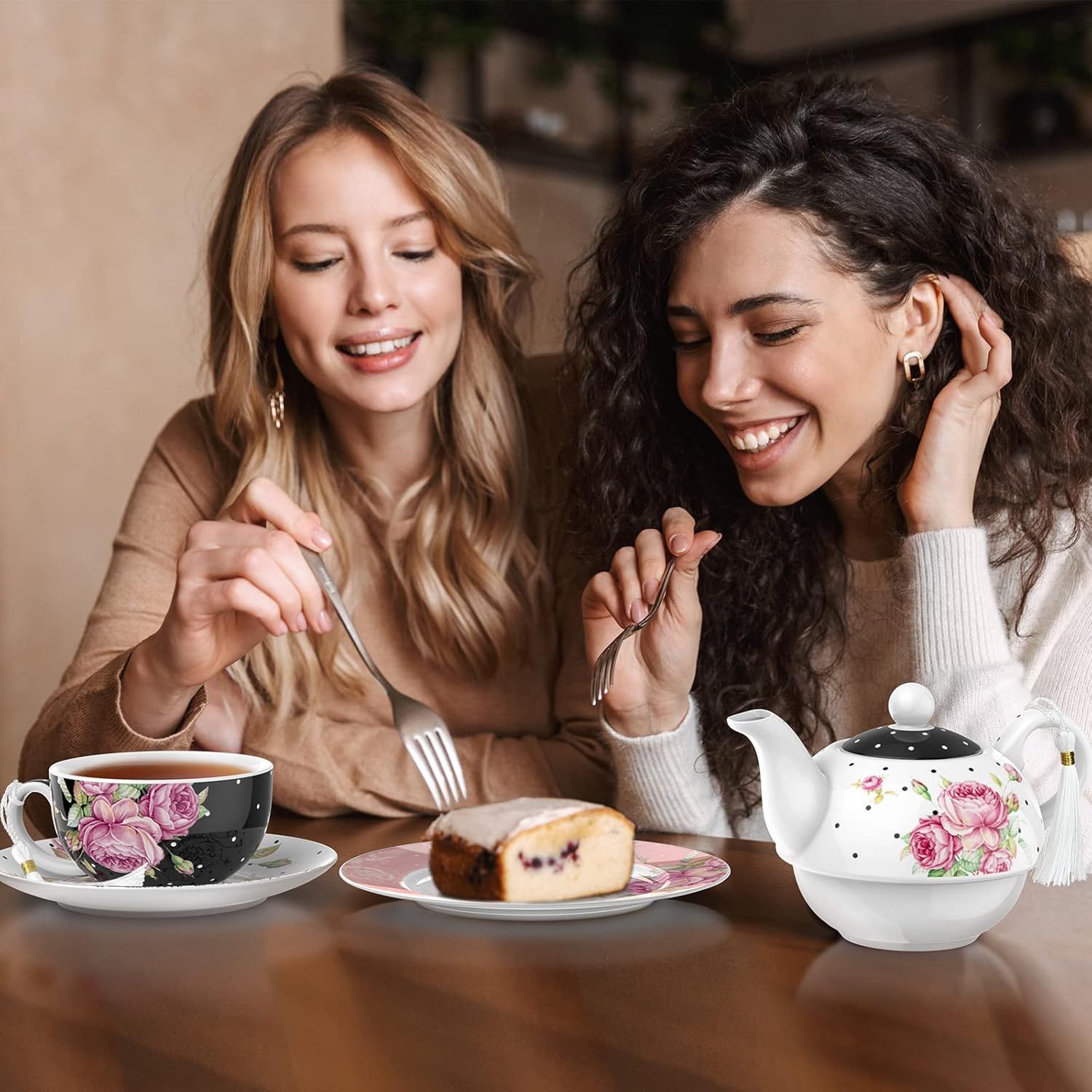 London Boutique - Théière, tasse et sous-tasse en porcelaine pour femme - Motif floral vintage - pour 1 personne - 350 ml (noir)