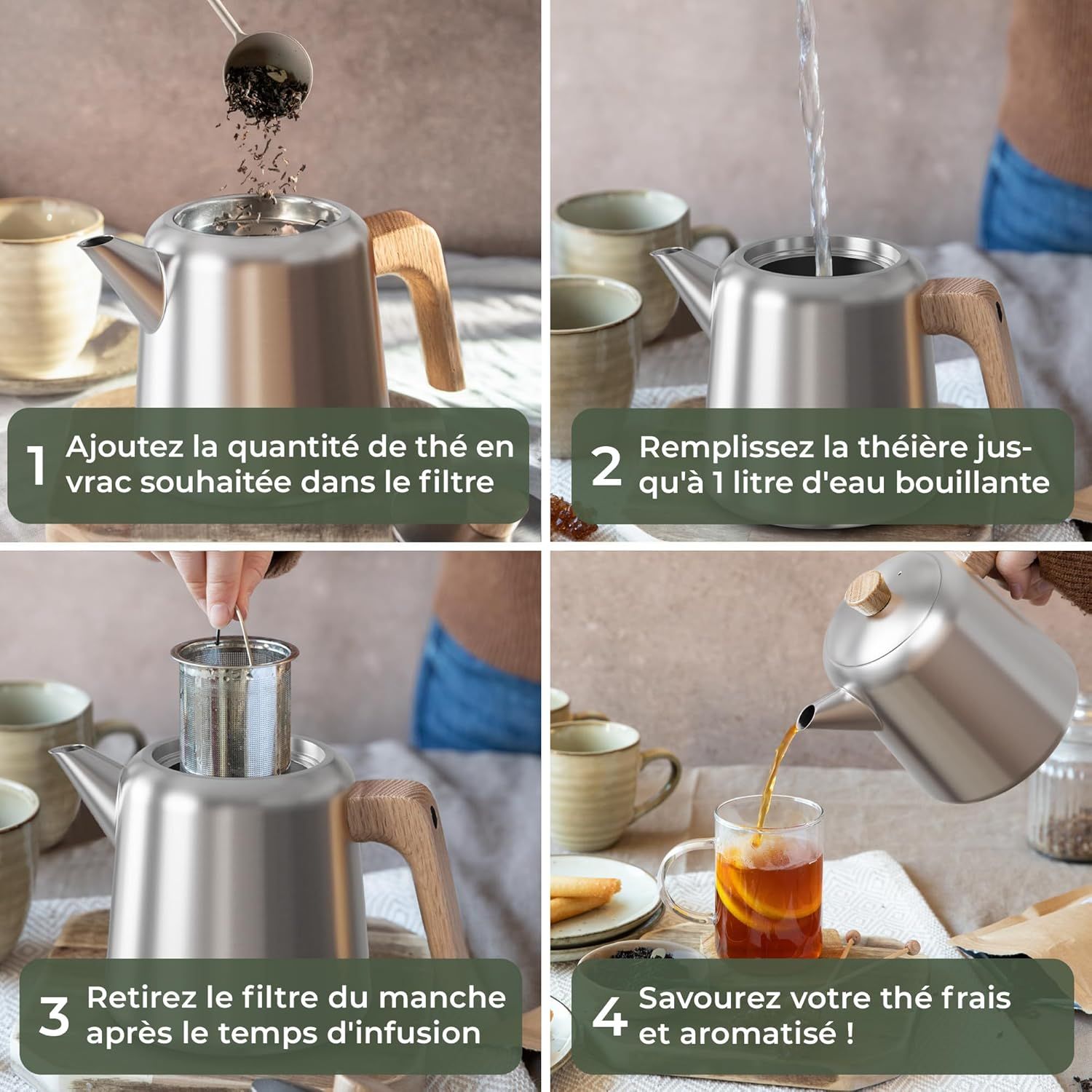 WALDWERK Théière avec Infuseur (1,1L) en Acier Inoxydable 304 - Poignées en Bois de Chêne, Sans Goutte, Filtre Amovible et Réchaud