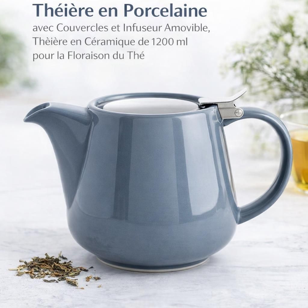 VIVILINEN Théière en Porcelaine avec Couvercles et Infuseur Amovible, Théière en Céramique de 1200 ml pour la Floraison du Thé