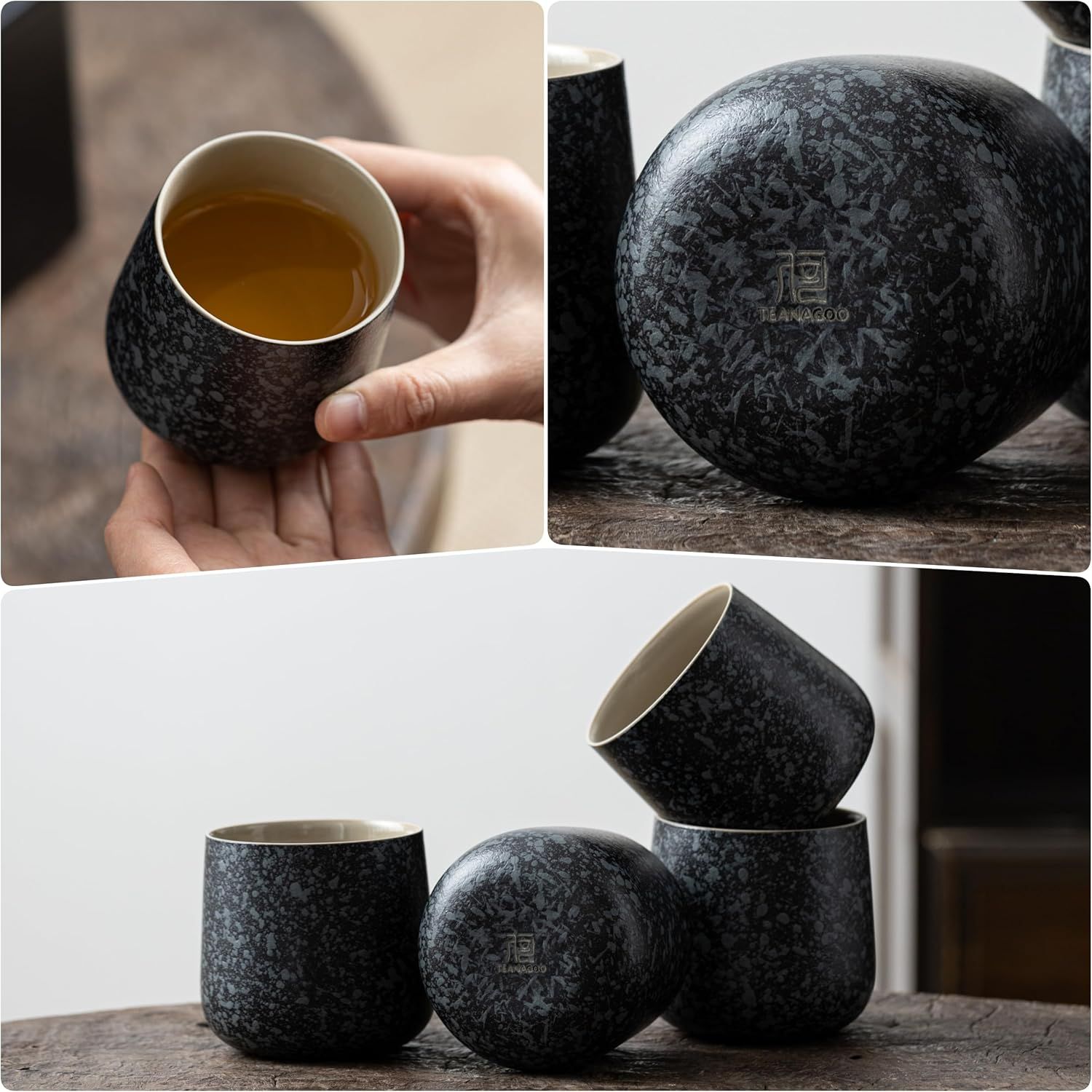 TEANAGOO Service à thé japonais complet avec plateau, gris anthracite, service à thé en porcelaine de Chine, 1 théière (700ml/25oz) + 6 tasses à thé (205ml/7.2oz),U1, plateau à thé avec