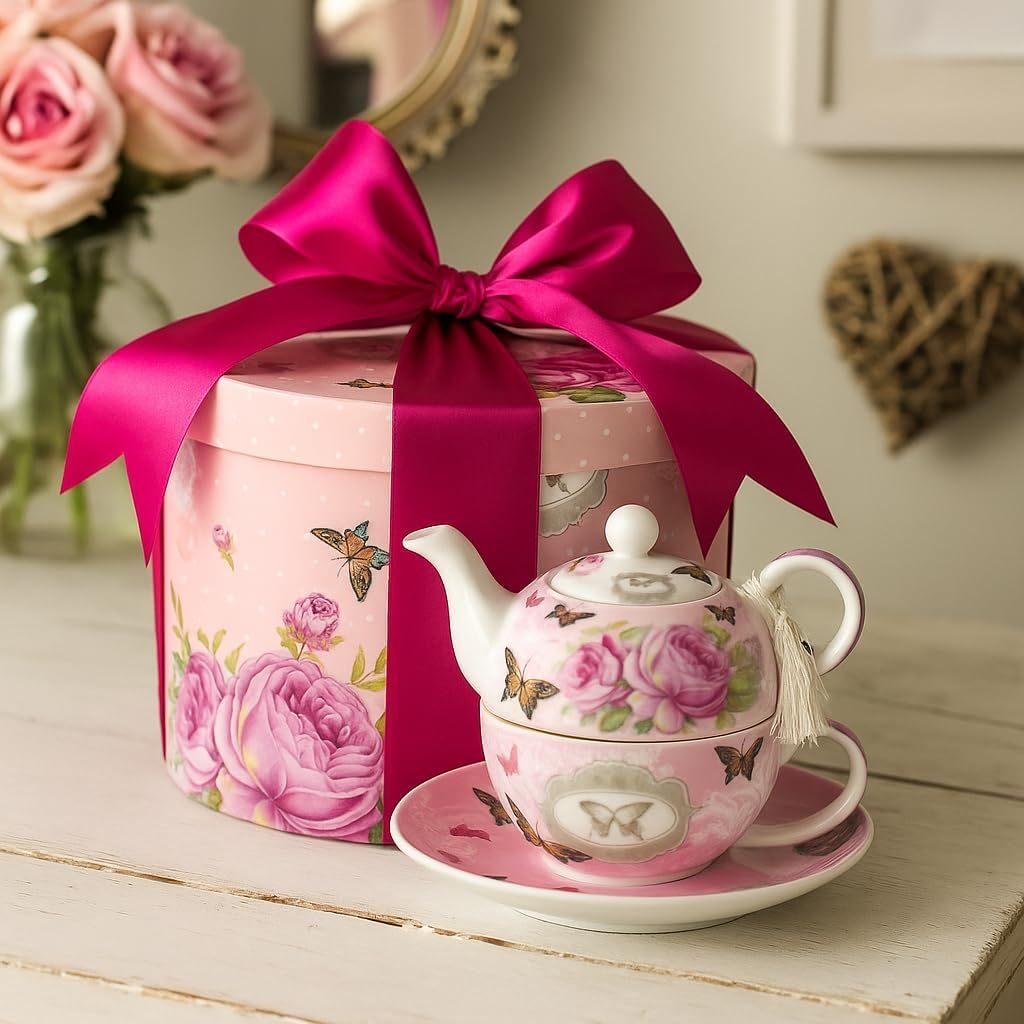 London Boutique Ensemble théière, tasse et soucoupe vintage en porcelaine pour 1 personne, motif floral avec rose et papillons, boîte-cadeau incluse