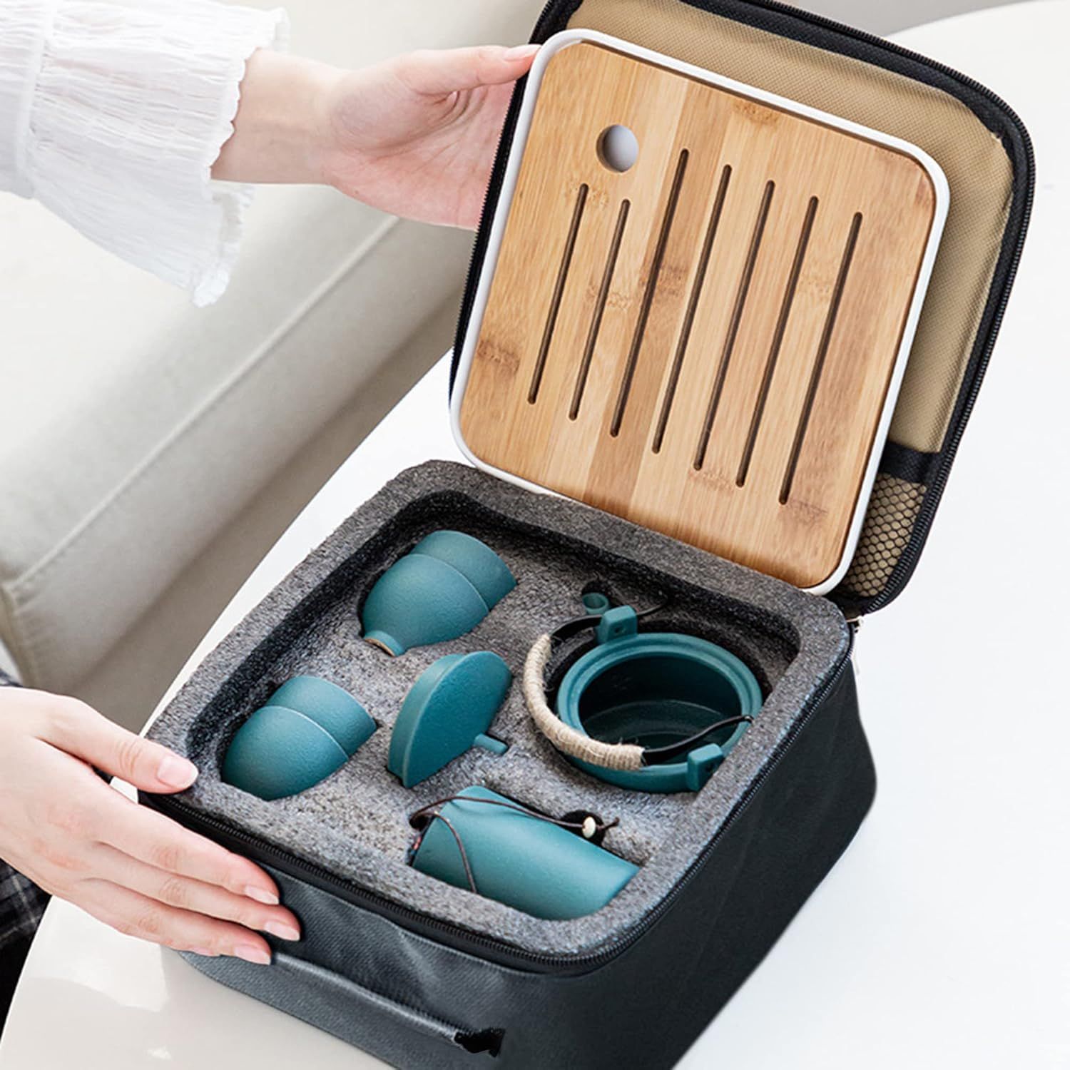 fanquare Service à Thé Vert Japonais pour Adultes, Ensembles de Thé Chinois en Céramique, Service à Thé Portable Kung Fu avec Plateau en Bambou