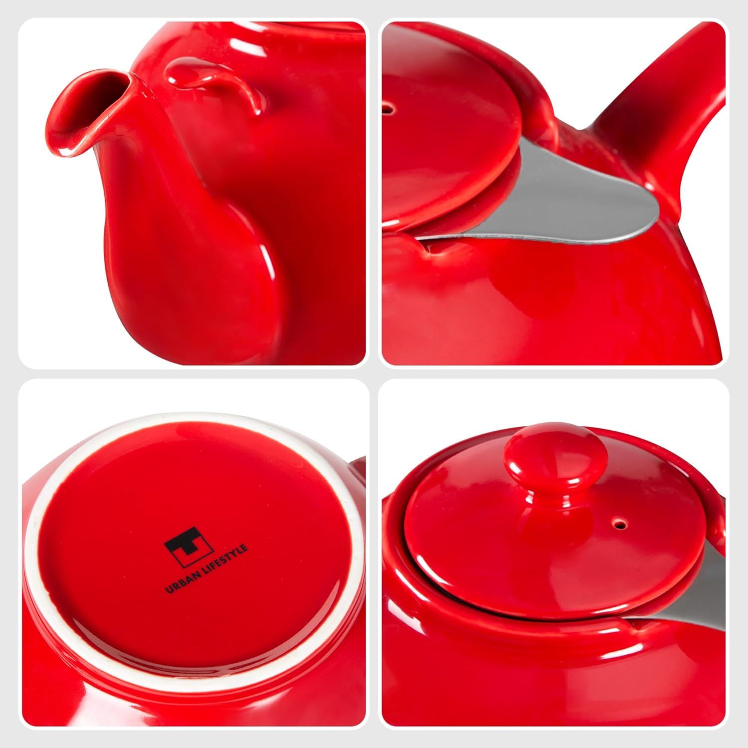 Urban Lifestyle Liverpool Théière en céramique avec infuseur en acier inoxydable Rouge 1,6 l