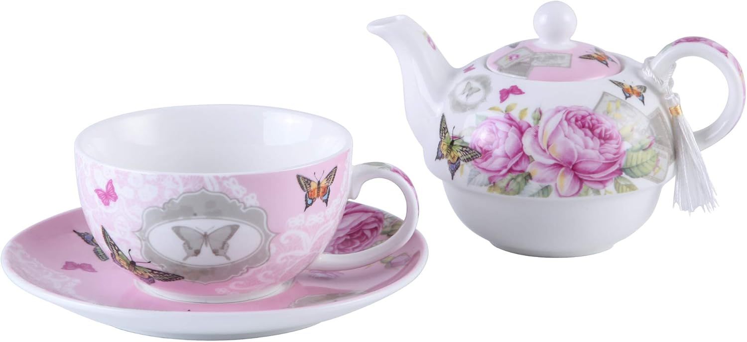 London Boutique Ensemble théière, tasse et soucoupe vintage en porcelaine pour 1 personne, motif floral avec rose et papillons, boîte-cadeau incluse