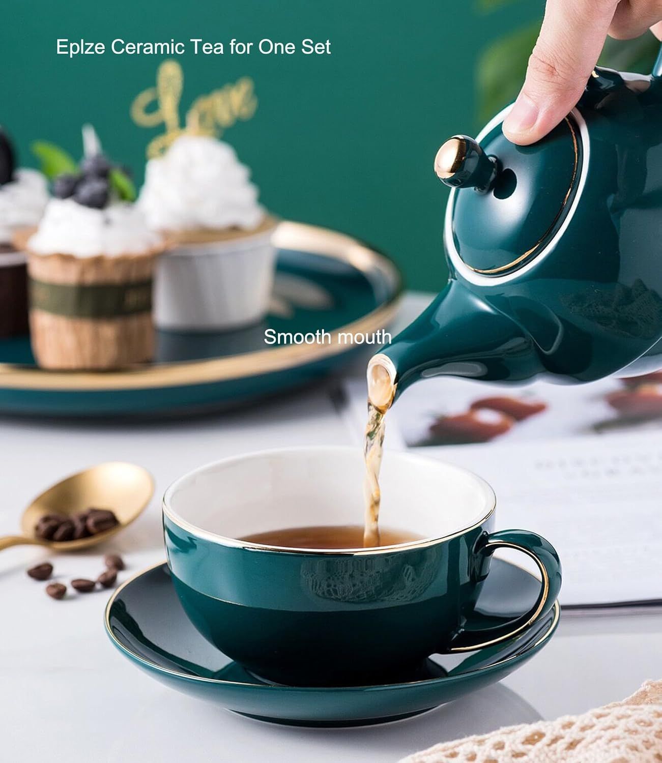 YBK Tech Service à thé en Céramique pour une Personne, théière de 12oz et Tasse de 8.2oz avec Soucoupe (Vert Paon)