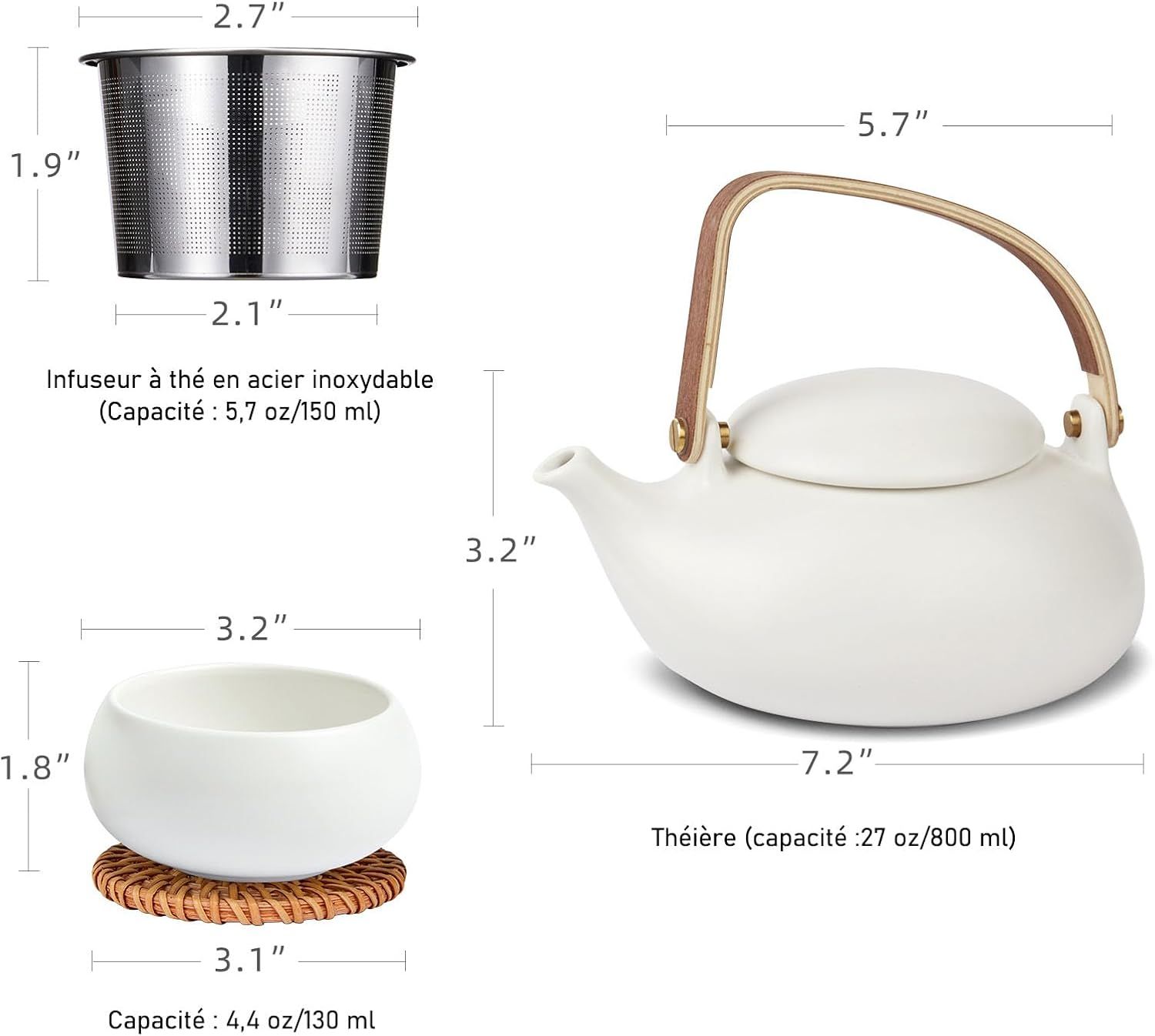 ZENS Theiere avec infuseur, Théière en japonaise avec 4 tasse pour le thé en vrac, blanc céramique Théière avec filtre en acier inoxydable 304 pour les fleurs Thé, manche en bois moderne