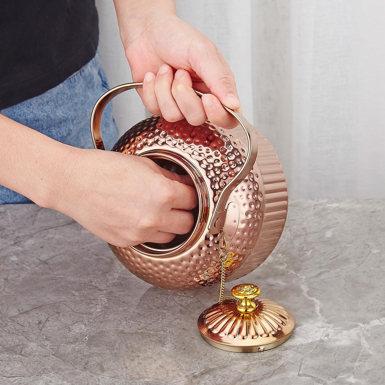 SANQIAHOME 1200ml Théière en acier inoxydable avec infuseur style rétro，Cuivre