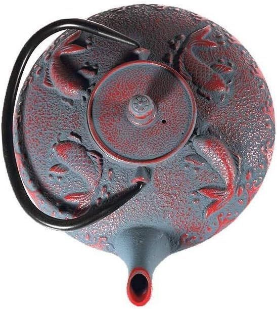 lachineuse - Théière Japonaise en Fonte - Carpes Koï - Avec Filtre Infuseur - Capacité 0,8L - Décoration Japonaise Asiatique - Théière Traditionnelle Nipponne - Service du Thé - Coloris Gris & Rouge