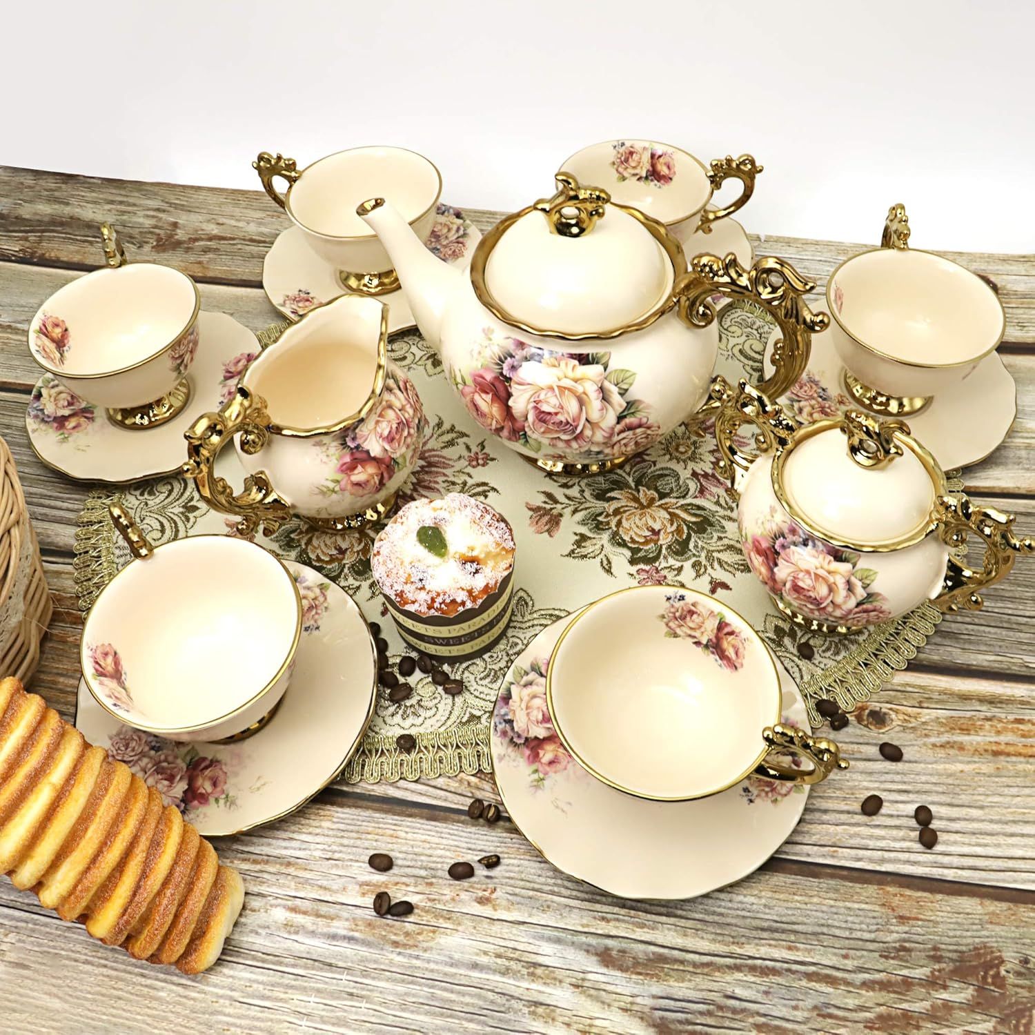 fanquare 15 Pièces Services à Thé de Mariage en Porcelaine Anglaise, Ensemble de Café de Fleurs Vintage, pour Adultes