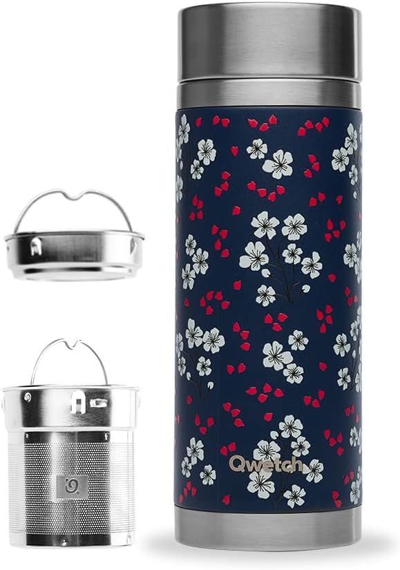 Qwetch - Théière Infusion Isotherme - Hanami Bleu 400ml - Bouteille infuseur Nomade Inox - 5h Chaud et 7h Froid Sans BPA, Étanche & Reutilisable - Idéale pour Thé, Café, Fruit, Tisane