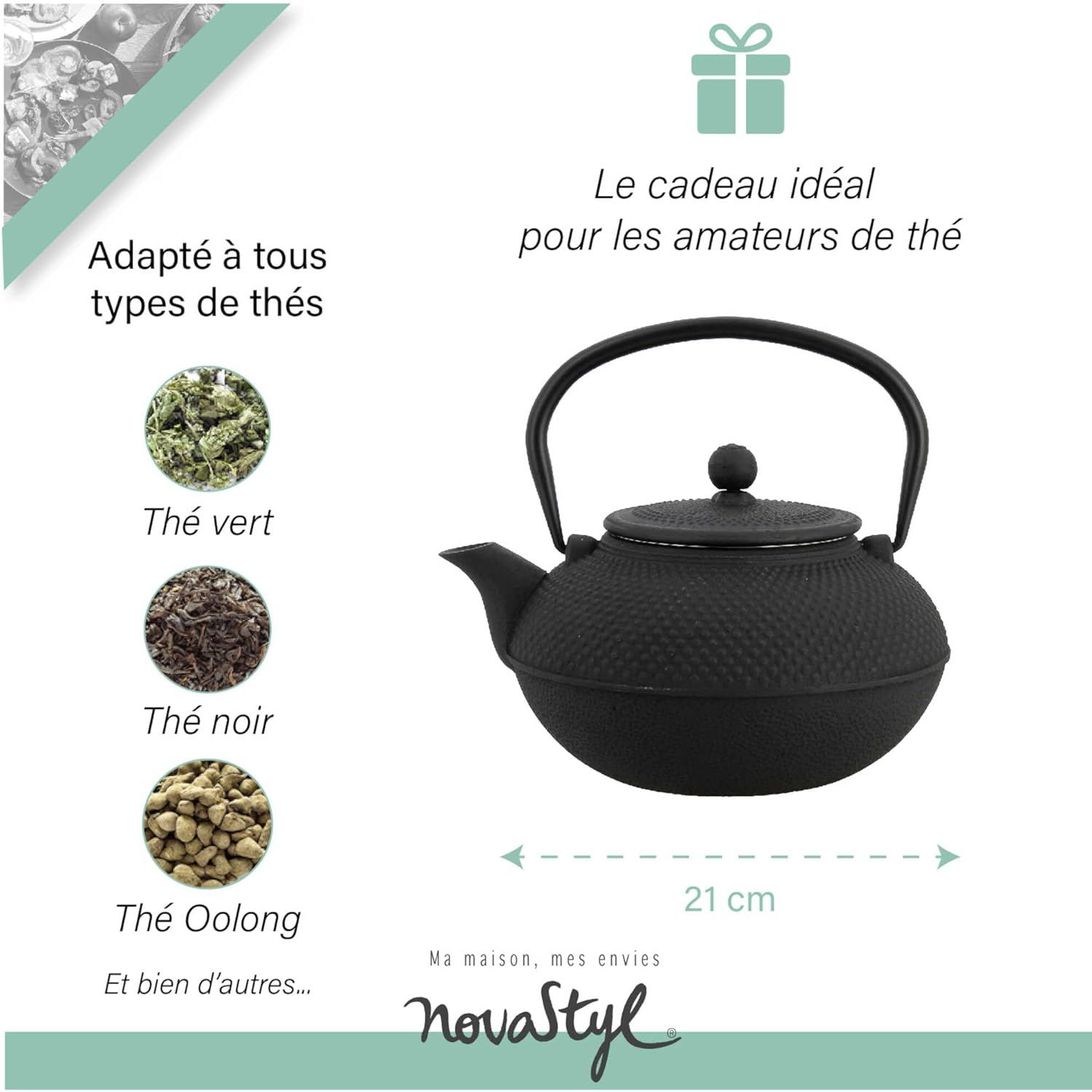 NOVASTYL – Théière en fonte noire OSAKA – 1,5L - Inspirée de l'art japonais - 7321423