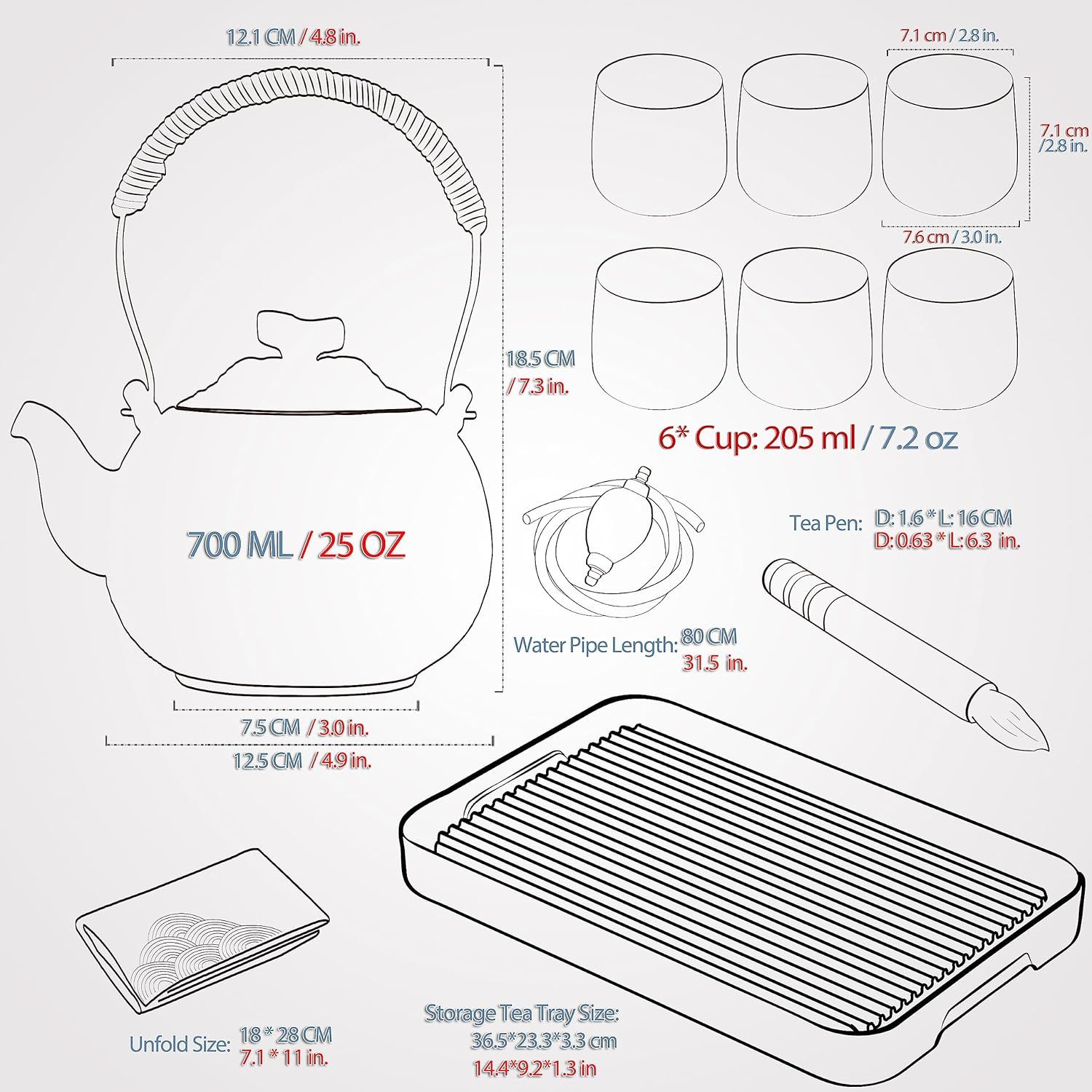 TEANAGOO Service à thé japonais complet avec plateau, gris anthracite, service à thé en porcelaine de Chine, 1 théière (700ml/25oz) + 6 tasses à thé (205ml/7.2oz),U1, plateau à thé avec