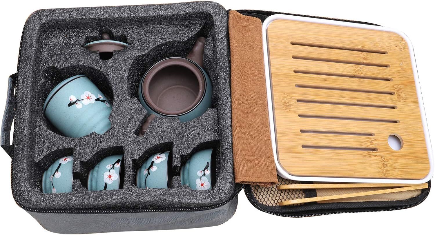 fanquare Portable Kungfu Service à Thé Japonais,Service à thé Zisha Kung Fu aux Fleurs de Cerisier pour Adultes, Une Théière, 4 Tasses à Thé,1 Boîte à Thé et Sac de Voyage