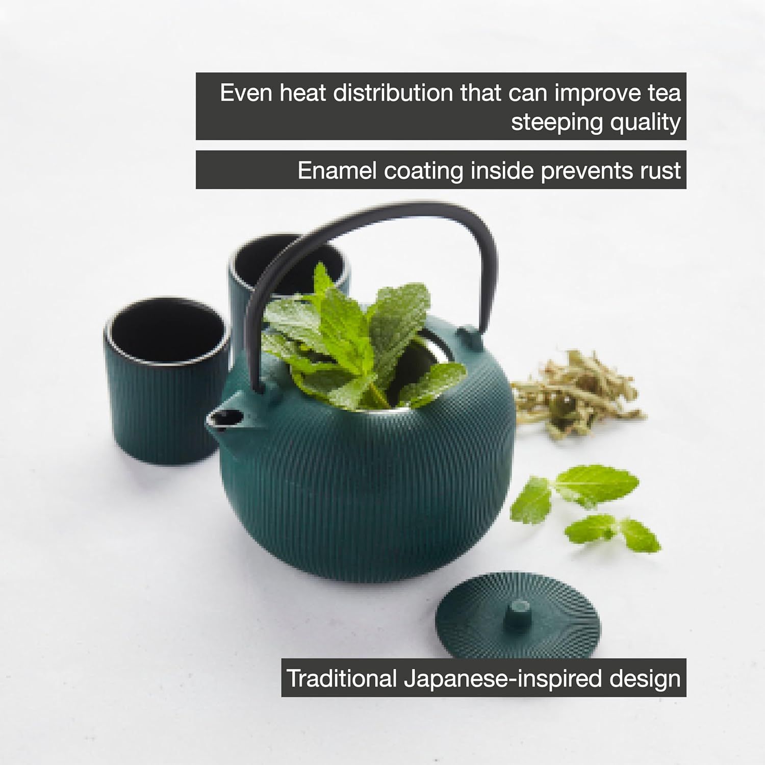 Point-Virgule set de théière nervurée en fonte et 2 tasses revêtement émaillé intérieur Forest Green