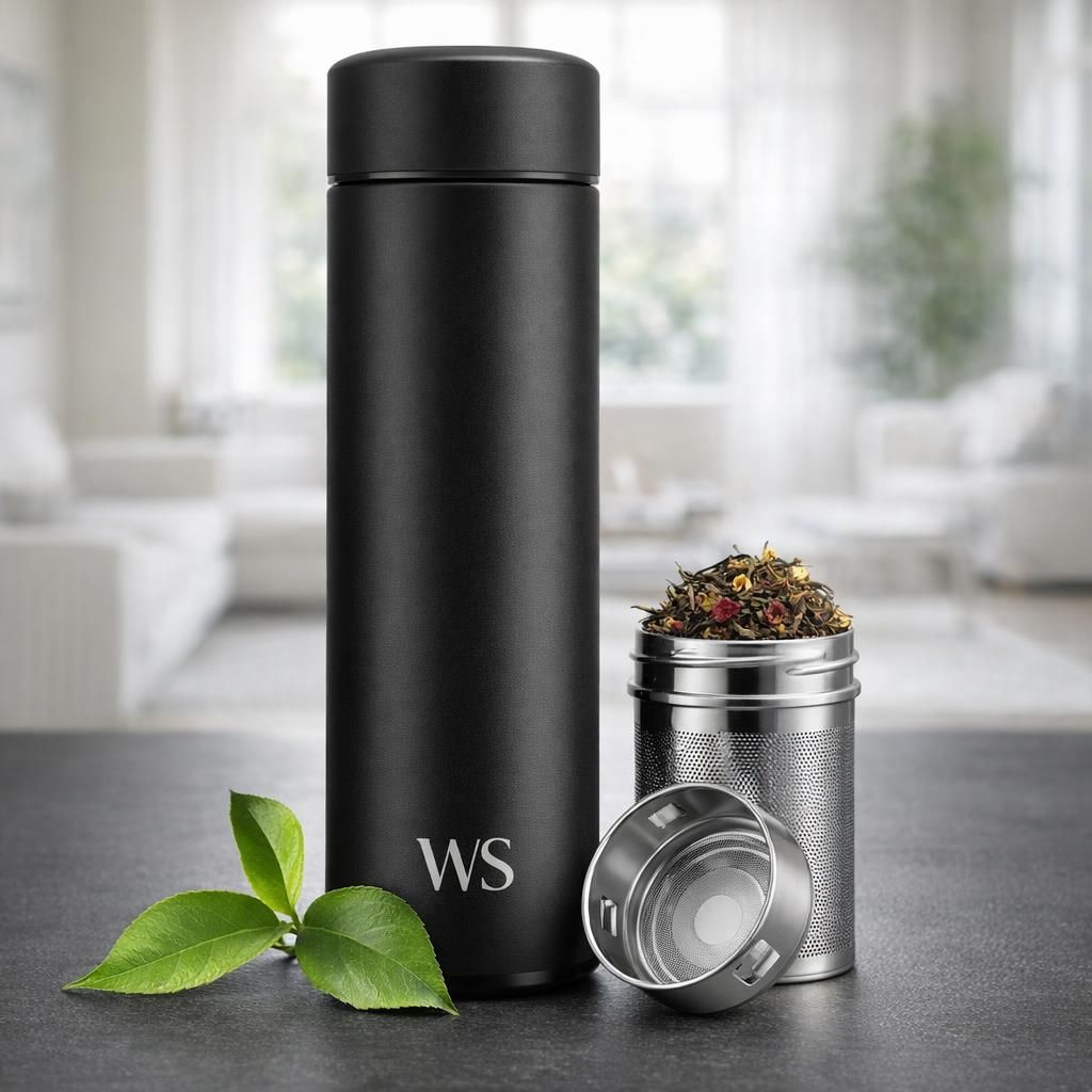 Bouteille d’eau isotherme à infusion thé & fruits + infuseur à fruit + passoire thé sans BPA | Thermos 450ml en acier inoxydable isolé sous vide | Gourde bureau extérieur école voyage sport – Noir