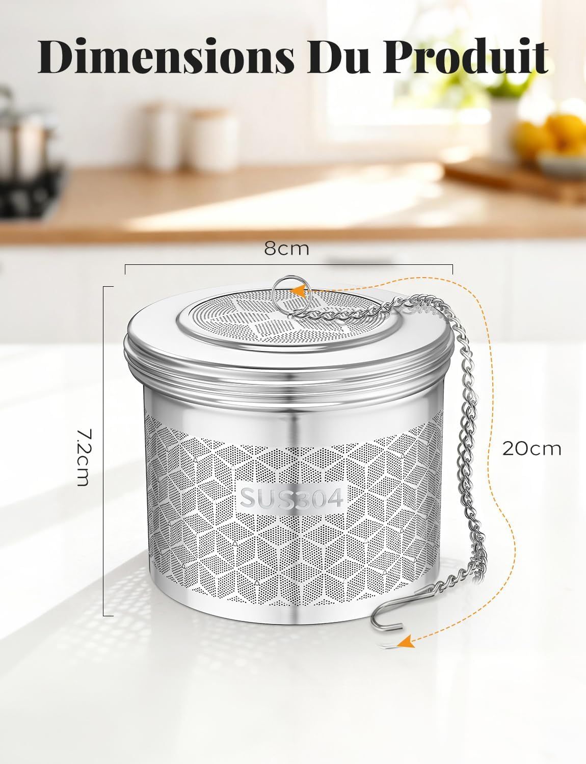 Grande Infuseur Thé, Filtre à Thé Avec Chaîne Rallongée et Crochet en S, Filtre Thé et Passoire à épices Acier Inoxydable 304, Filtre a The Mailles Fines pour Feuilles de Thé, les épices