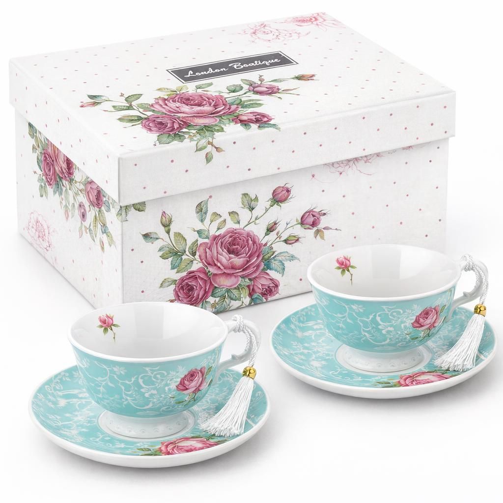 London Boutique Lot de 2 Tasses à thé et soucoupes en Porcelaine Anglaise Vintage Motif Floral Turquoise 200 m