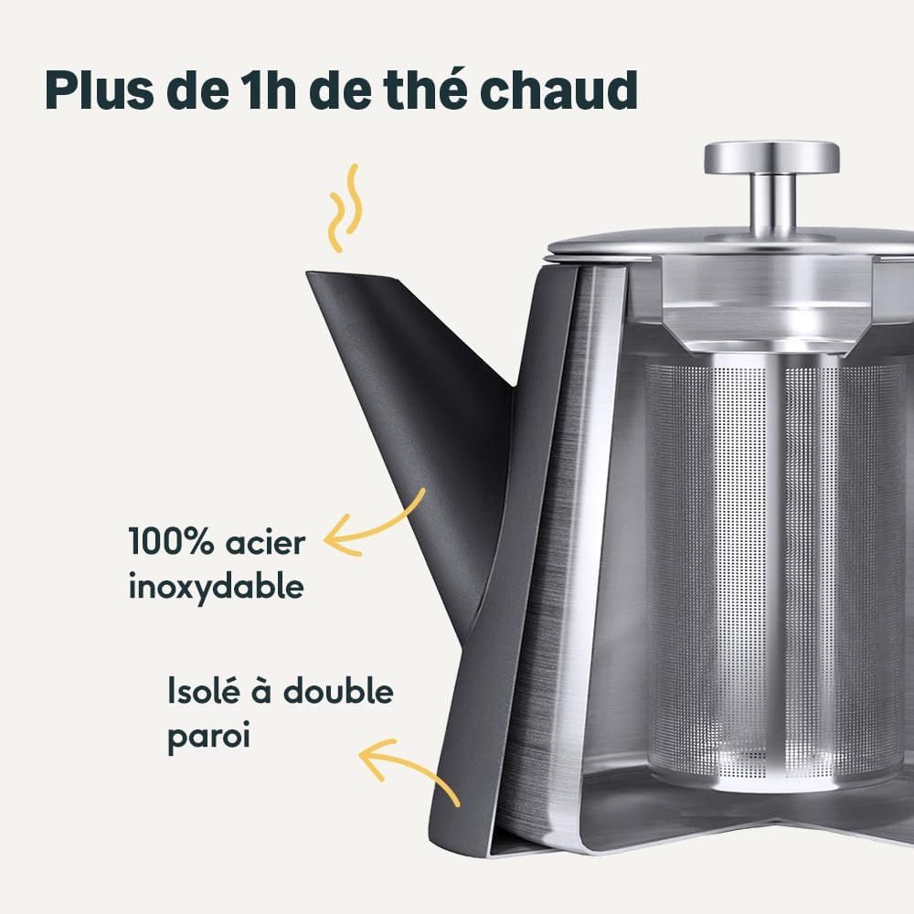 SILBERTHAL Théière avec Filtre Infuseur Amovible - Inox Double Paroi - 1 Litre - Garde la Chaleur