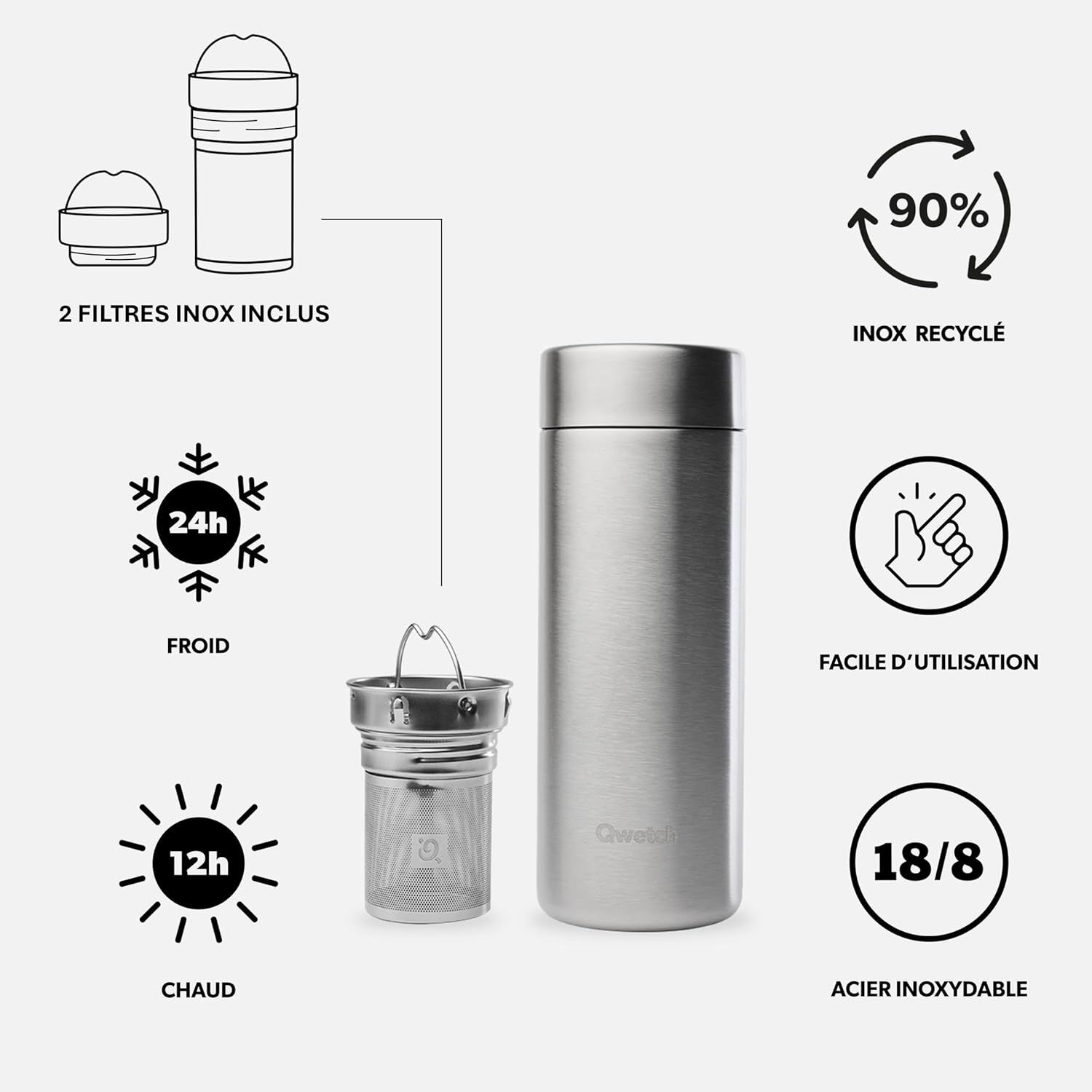 Qwetch - Théière Isotherme Nomade 400ml - Inox Brossé - Infuseur avec 2 Filtres - 12h Chaud / 24h Froid - Étanche, Réutilisable & Durable - Pour Thé, Café, Tisane, Fruits