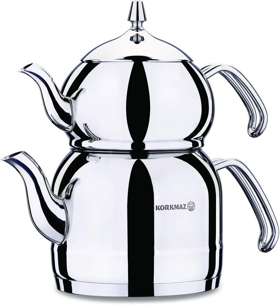 Korkmaz A221 Efendi Théière turque Caydanlik Teapot 18/10 Cr, Ni inoxydable à induction