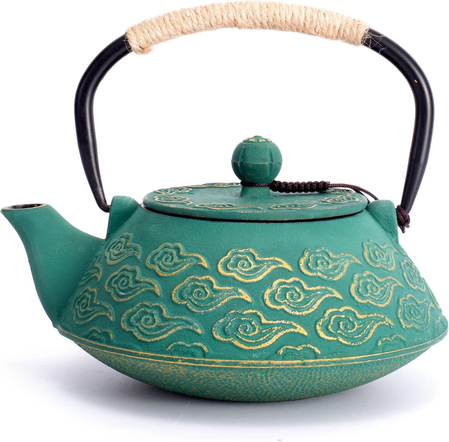 Théière en Fonte, Théière Japonaise avec Inspergraphe pour Feuille Libre, Bouilloire à Thé 800ml pour Cuisinière Enduite d’Intérieur émaillé, Motif Nuages, Vert