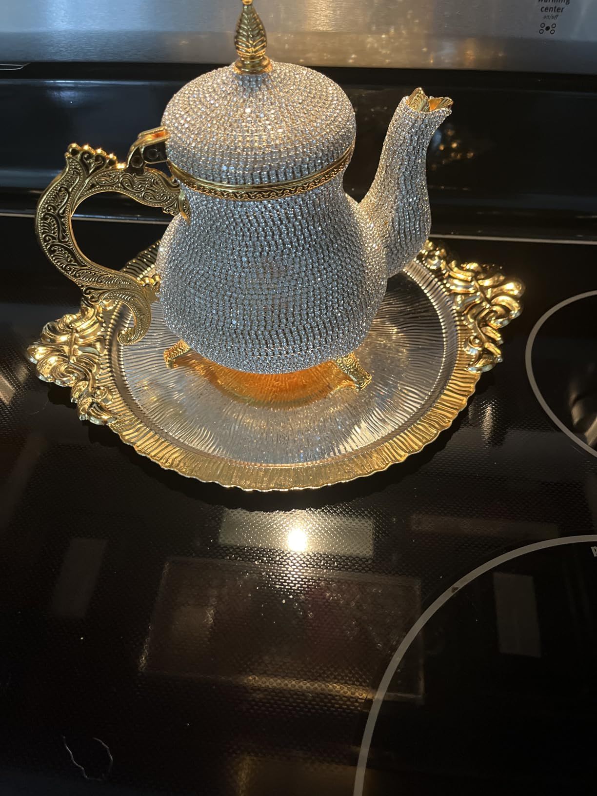 DEMMEX Théière artisanale turque marocaine arabe décorative dorée avec strass en cristal, 1,2 kg, 20,3 x 17,8 cm