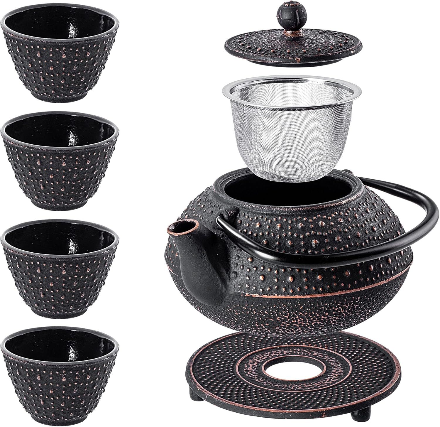 KADAX Théière Japonaise en Fonte de 850ml avec Intérieur Émaillé, Quatre Tasses et Infuseur pour Thé en Vrac, Service à Thé Traditionnel (Noir)