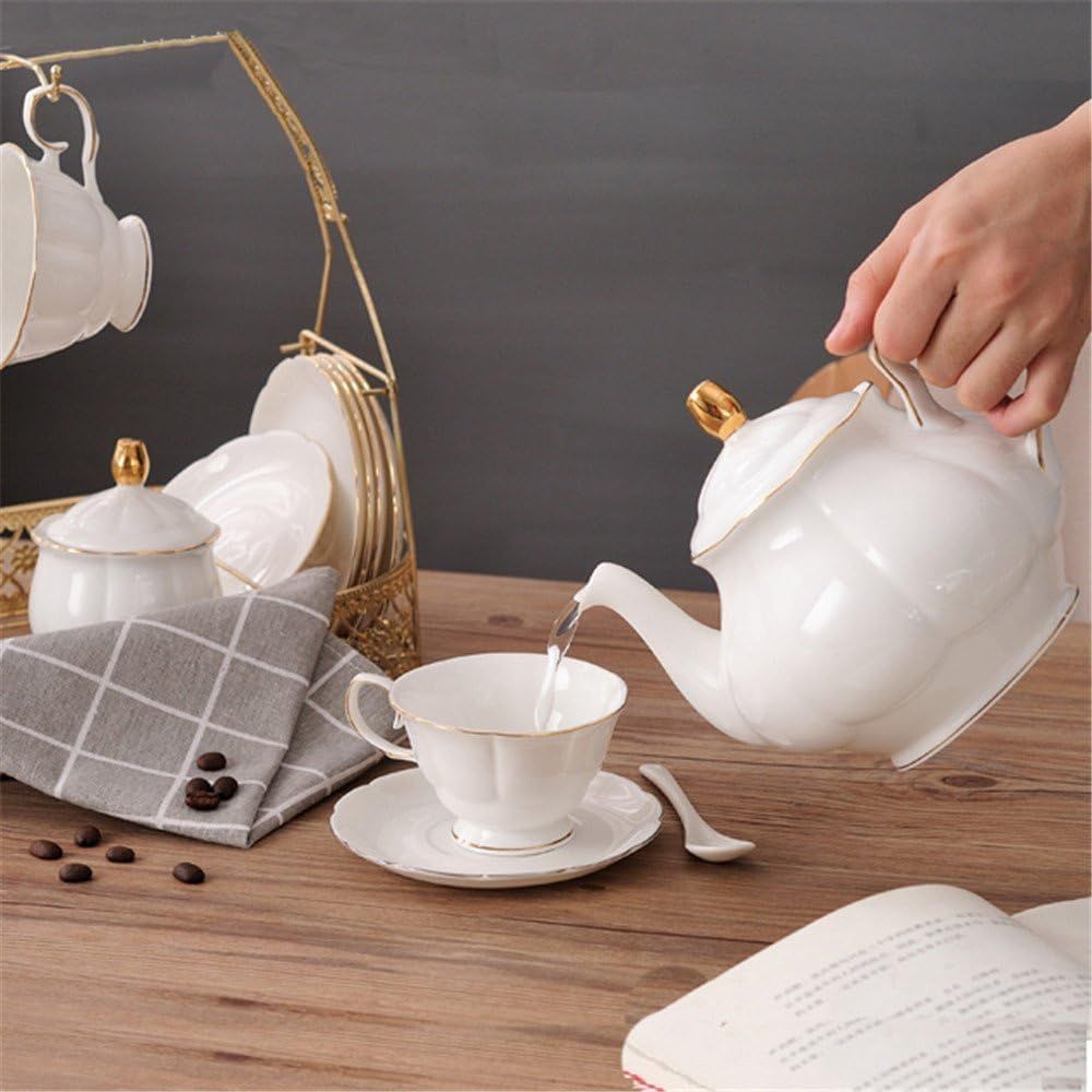 fanquare 15 Pièces Service à Thé Simple en Céramique Anglaise Blanche, Théière, Tasses en Porcelaine Osseuse pour Adultes, Cuillères Assorties, Service à Thé de L'Après-Midi Service à Café