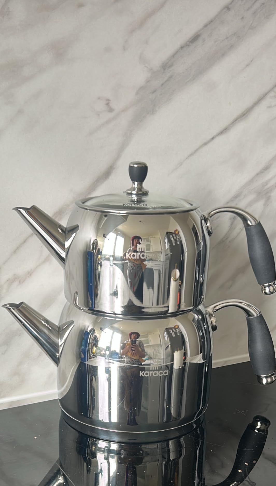 Karaca Belinay Ensemble théière noire moyenne en acier inoxydable, théière turque, bouilloire : 1 L, 1,6 L