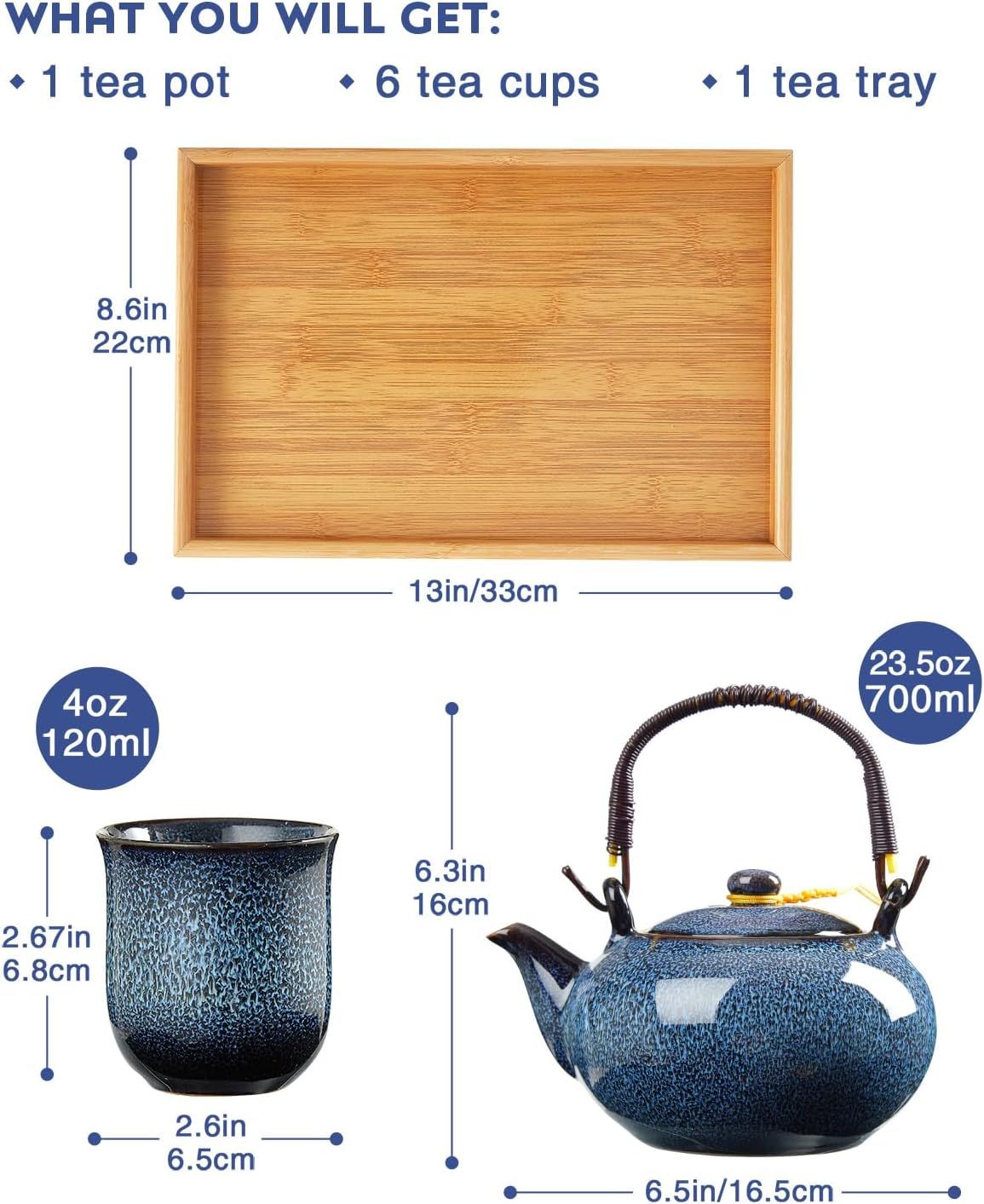 DUJUST Service à thé japonais - 8 pièces, en porcelaine avec 1 théière, 6 tasses et 1 plateau à thé, theiere unique pour adultes, bleu clair