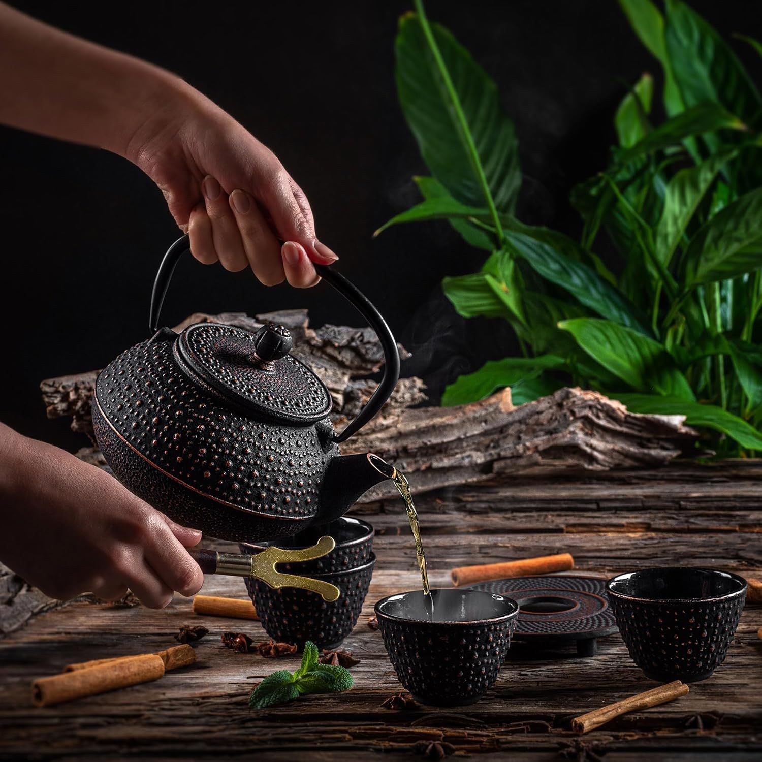 KADAX Théière Japonaise en Fonte de 850ml avec Intérieur Émaillé, Quatre Tasses et Infuseur pour Thé en Vrac, Service à Thé Traditionnel (Noir)