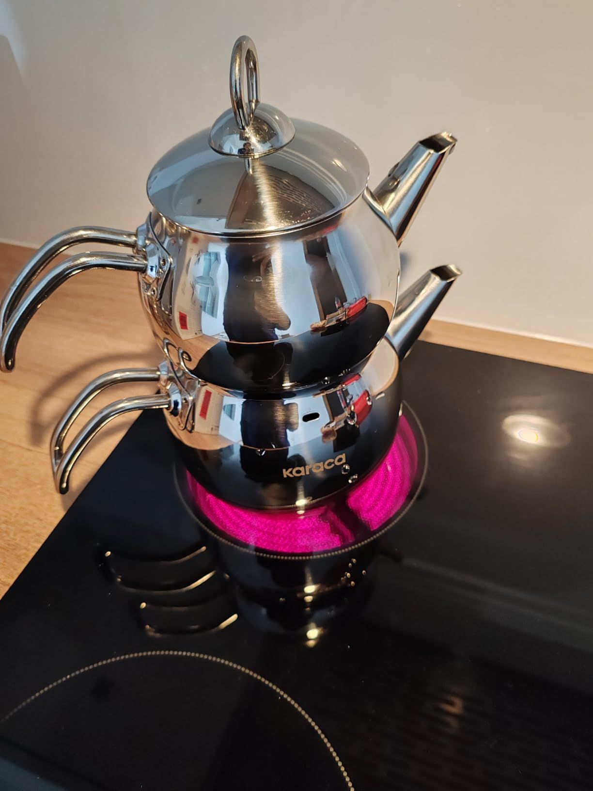 Karaca Adelya Caydanlik – Mini théière turque en métal de 0,65 l + couvercle et abreuvoir de 1,1 l en acier inoxydable – Passe au lave-vaisselle – Passe au lave-vaisselle, Gris