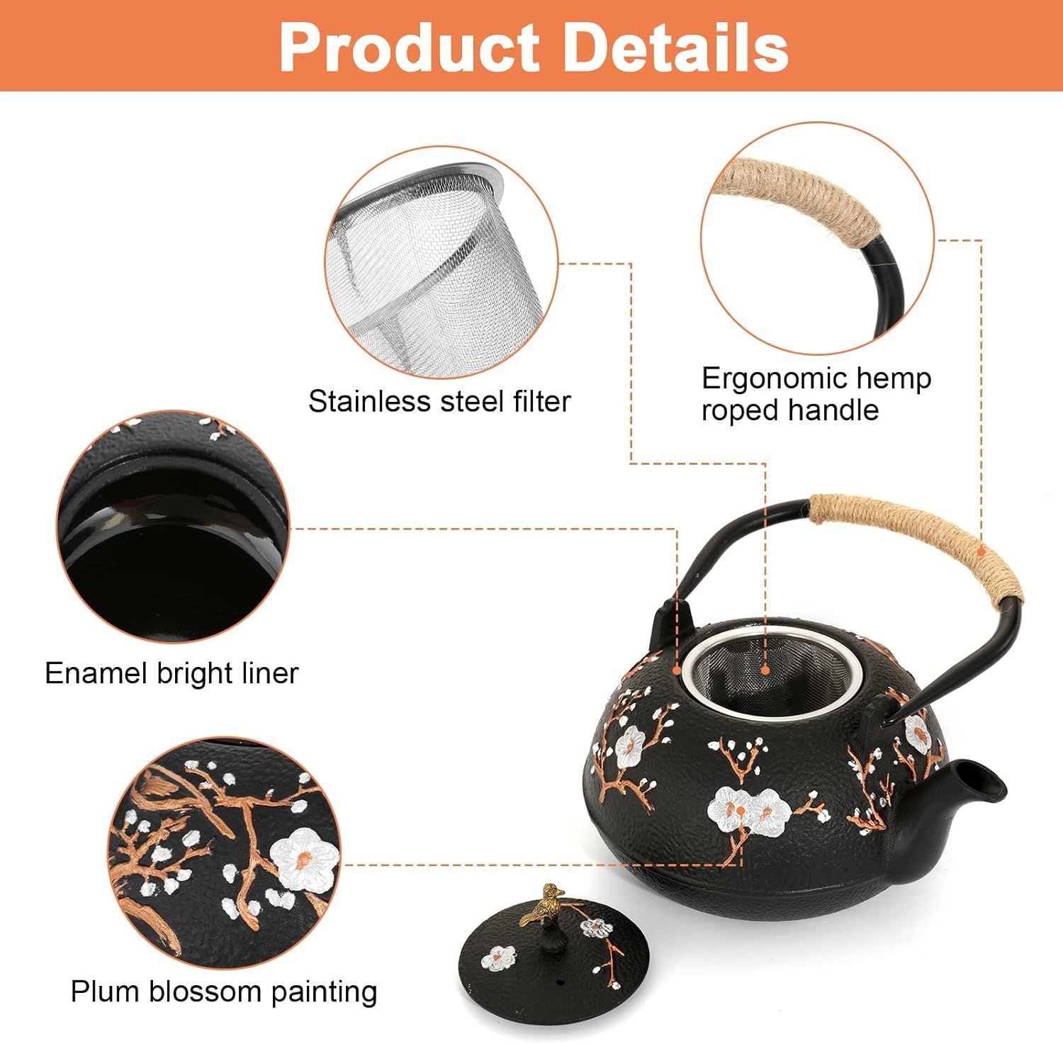 Dyna-Living Théière en fonte japonaise de 1200 ml avec infuseur, émail brillant à l'intérieur, théière en forme de fleur de prunier avec tasses, support, pot en fer pour cuisinière