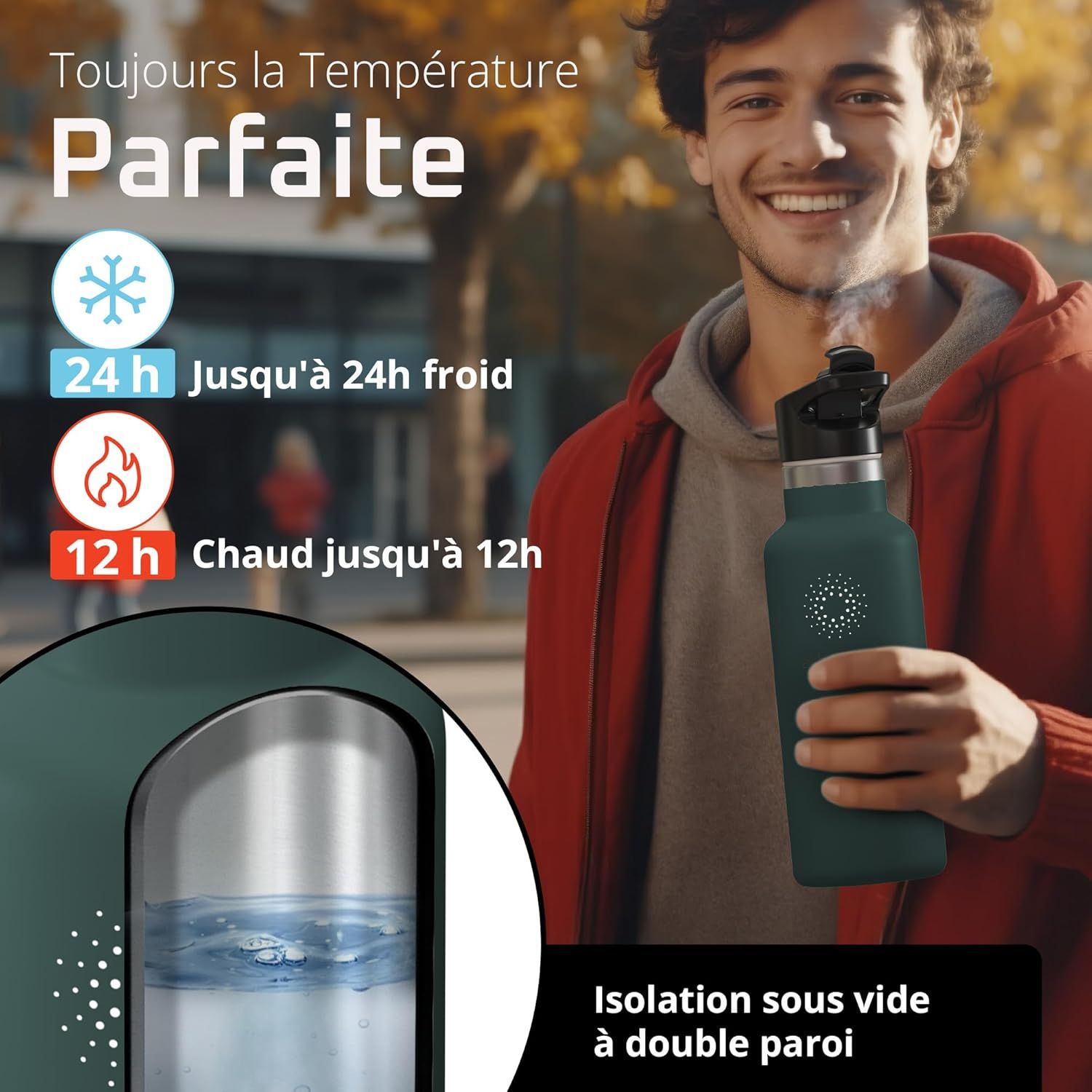 Gourde Inox Isotherme ACTIVE FLASK 1l/500ml sans BPA + Paille (3 Bouchons) | Bouteille d’eau Acier Inoxydable Isolée, Thermos Réutilisable | Camping Velo Sport Running Randonnée Enfant, Café The