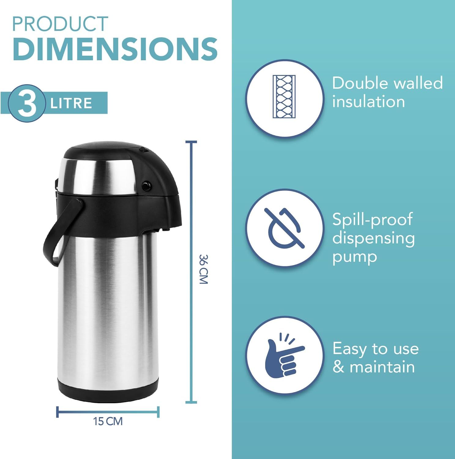 Carafe à café isotherme - Airpot en acier inoxydable de 3L avec action pompe, isolation à double paroi, carafe à café et thé étanche avec base rotative à 360°, poignée de transport, verrou de