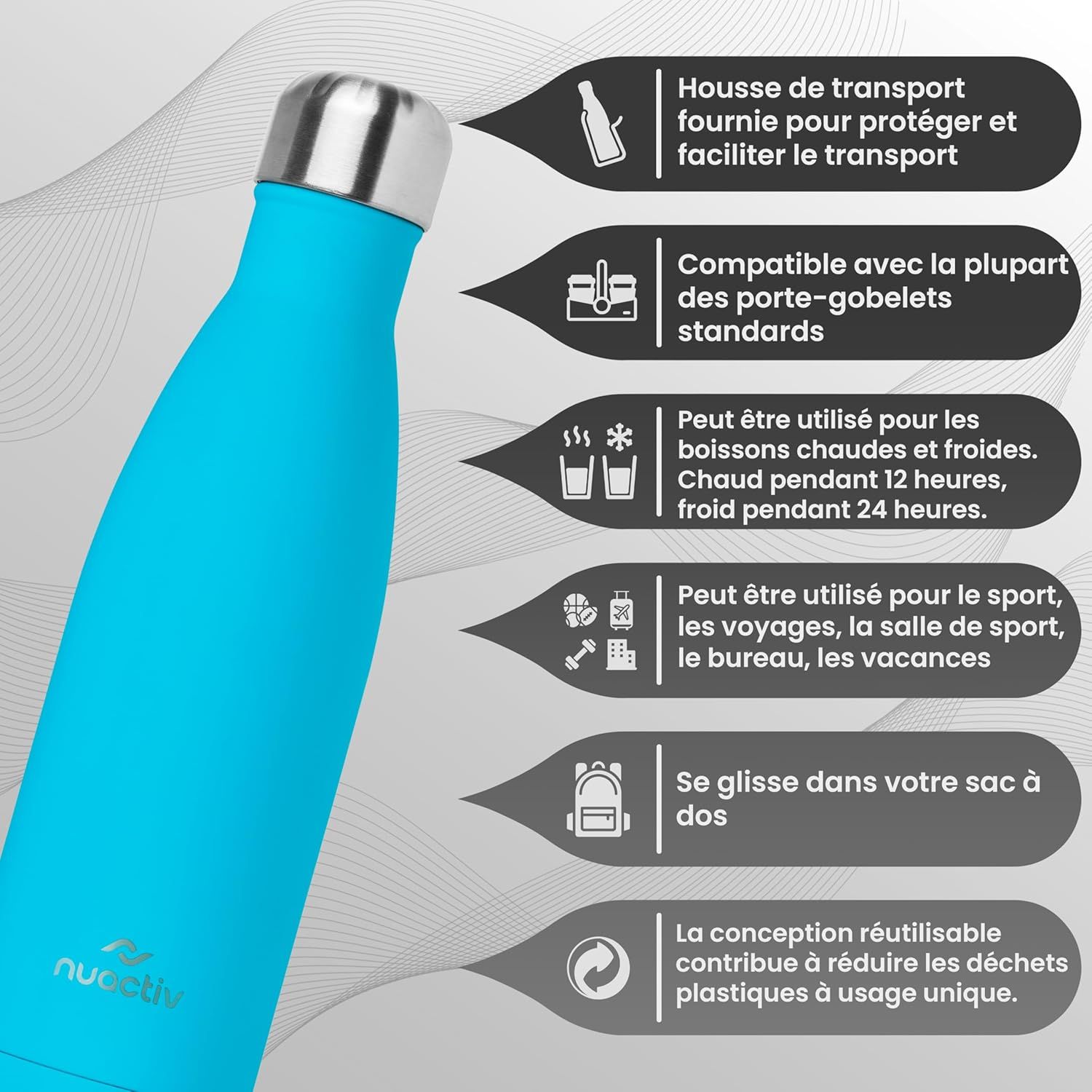 Bouteille Isotherme 500ml en Acier Inox – Garde 24h Froid & 12h Chaud – Gourde Double Paroi Sans BPA Étanche Réutilisable pour Voyage, Randonnée, École, Sport, Fitness & Usage Quotidien