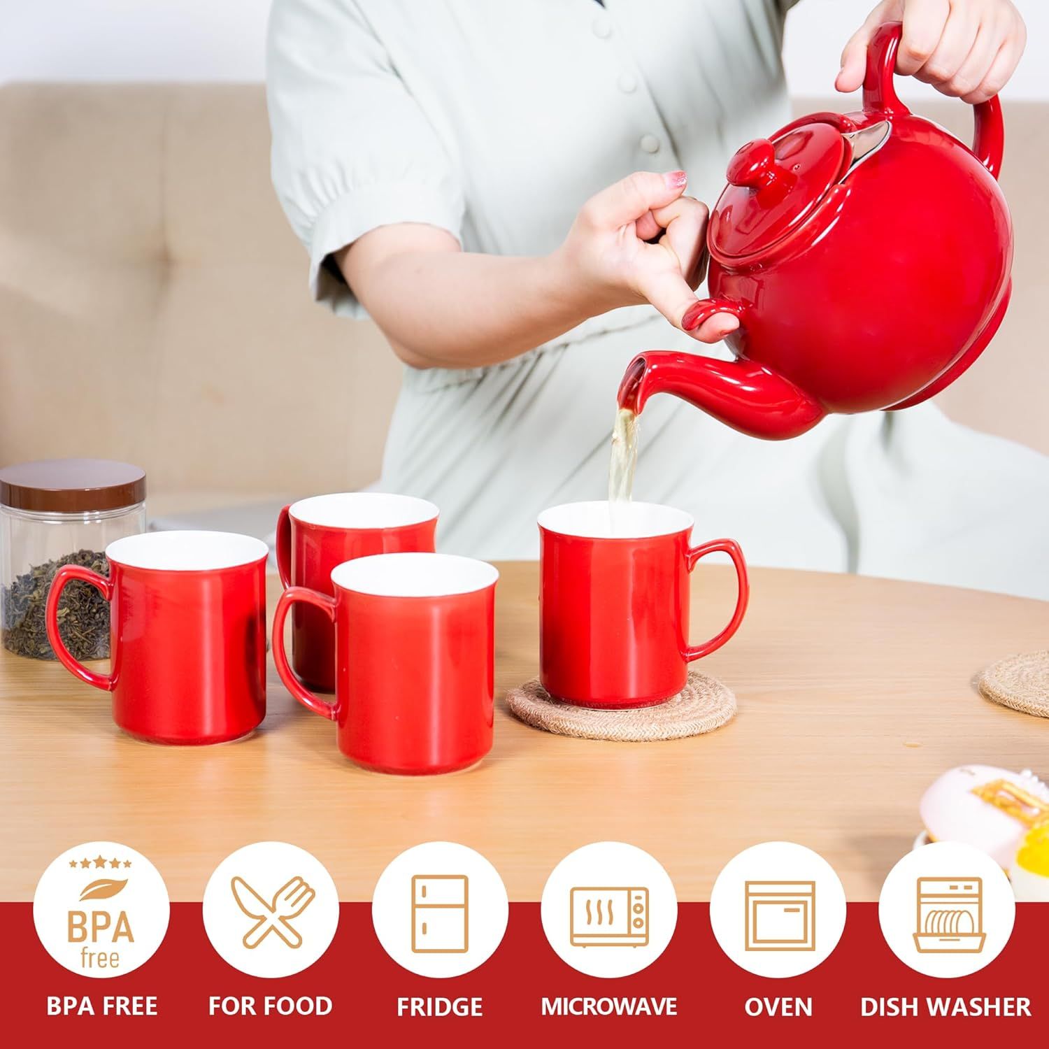 Urban Lifestyle Liverpool Théière en céramique avec infuseur en acier inoxydable Rouge 1,6 l