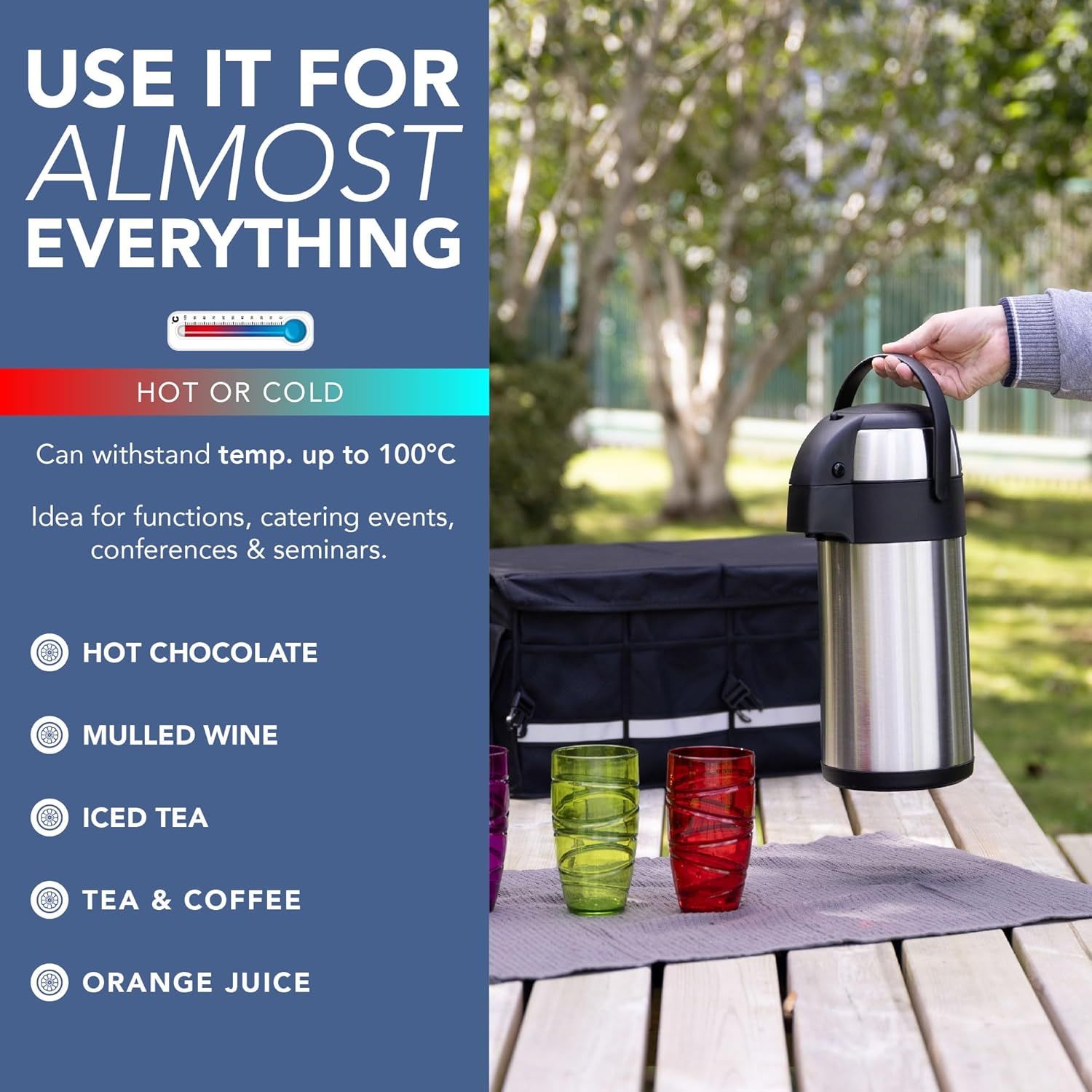 Carafe à café isotherme - Airpot en acier inoxydable de 3L avec action pompe, isolation à double paroi, carafe à café et thé étanche avec base rotative à 360°, poignée de transport, verrou de