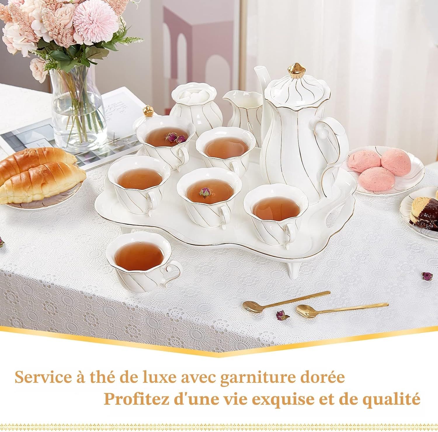 DUJUST Ensemble de Thé 14 Pièces de 6, avec Plateau à Thé et Cuillères, Ensemble de Tasses à Thé/Café de Style Britannique de Luxe avec Garniture Dorée