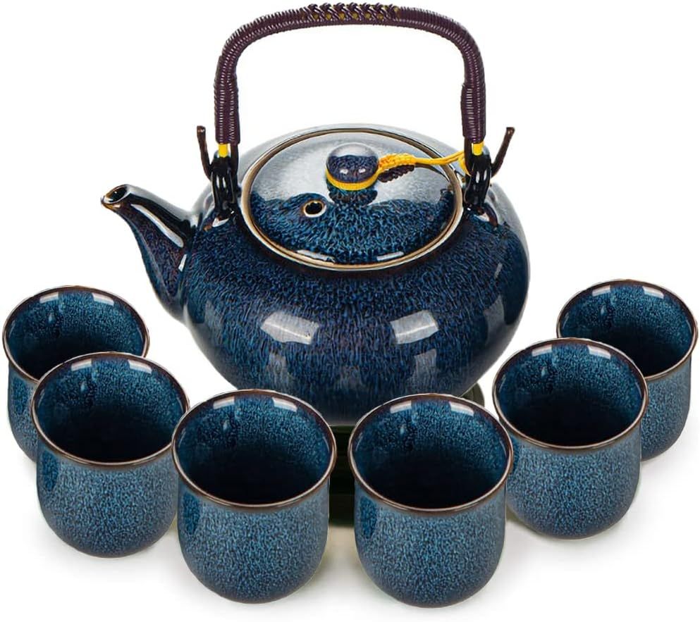 Service à thé chinois en céramique, théière de 600 ml et 6 tasses de 120 ml, service à thé kungfu changeant de four, théière asiatique pour les amateurs de thé, bleu