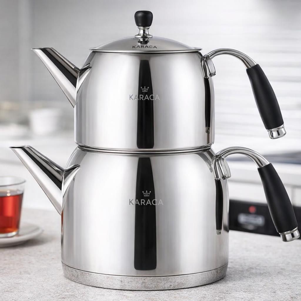 Karaca Stella Set de Théière Turque en Acier Inoxydable, Bouilloire 2L, Théière 1L, Poignées Résistantes à la Chaleur, Finition Poli, Compatible Induction Turkish Teapot & Caydanlik