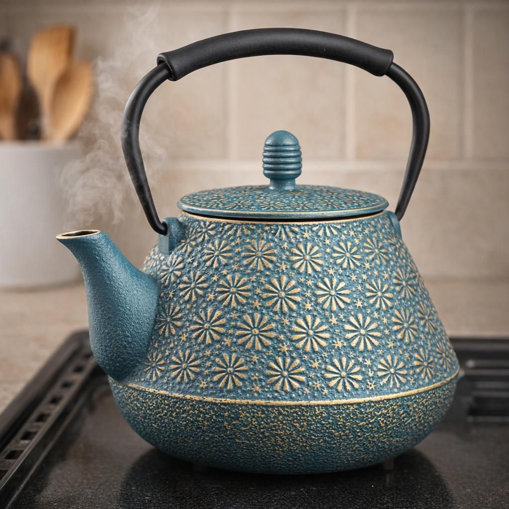 Théière en fonte japonaise à motif de sakura en émail, 950 ml, avec infuseur pour thé en feuille et café, poignée en silicone, sûre pour la cuisinière, 32 oz bleu