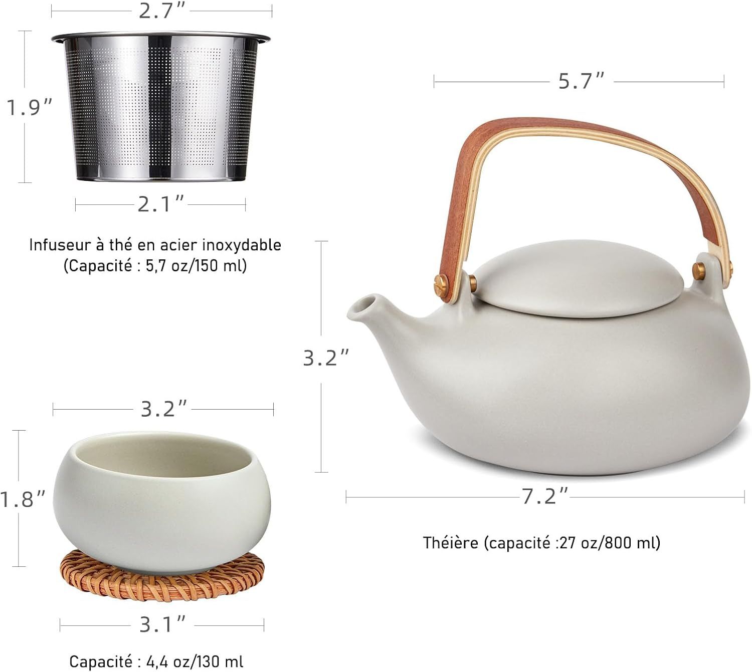 ZENS Theiere avec infuseur, Théière en japonaise avec 4 tasse pour le thé en vrac, gris céramique Théière avec filtre en acier inoxydable 304 pour les fleurs Thé, manche en bois moderne