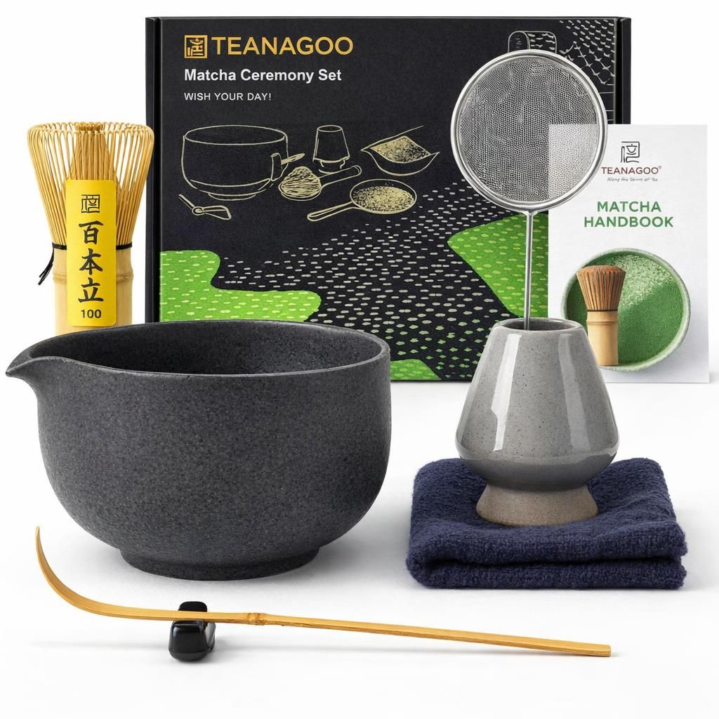 Service à thé japonais TEANAGOO (7 pièces), ensemble de fouet à matcha, bol à matcha avec bec verseur, fouet à matcha en bambou (Chasen), pelle (Chashaku), service à thé. N2, gris plus foncé…