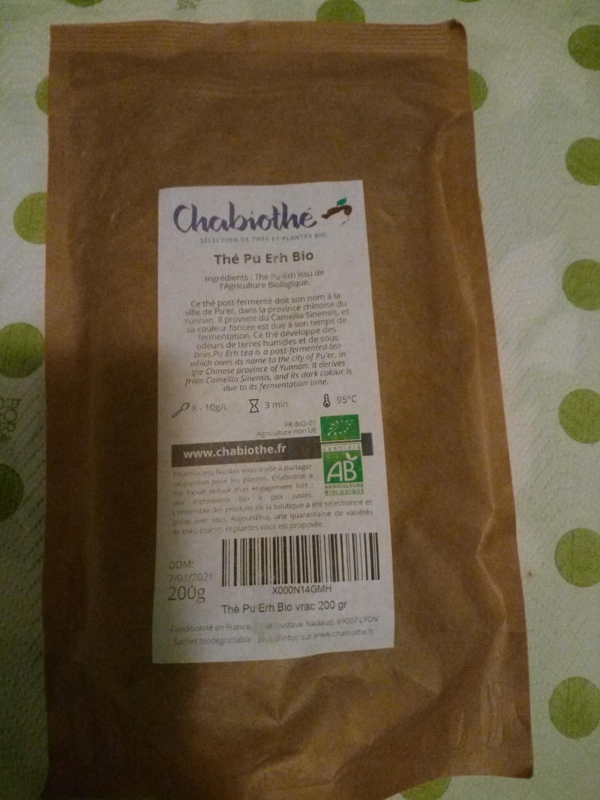 thé pu erh bio en vrac 200g origine yunnan