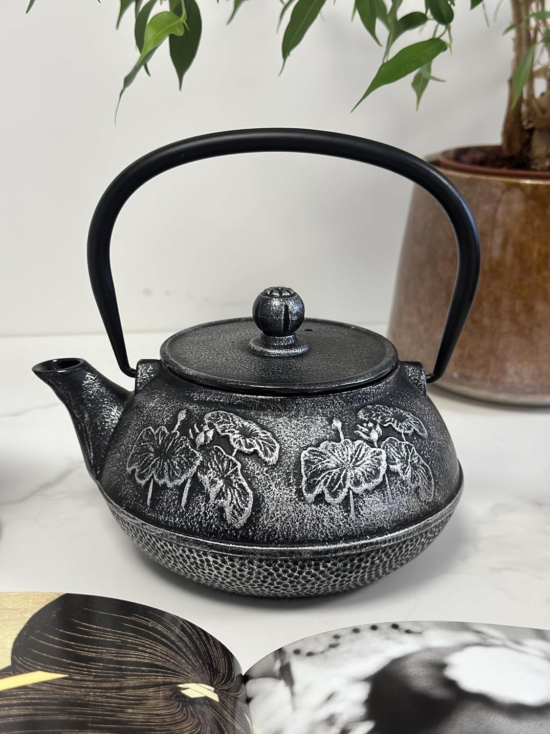 SO SKIN IDASY – Théière japonaise en fonte 900 ml, filtre en acier inoxydable alimentaire, intérieur émaillé, fabrication artisanale, finition bicolore noir et argent