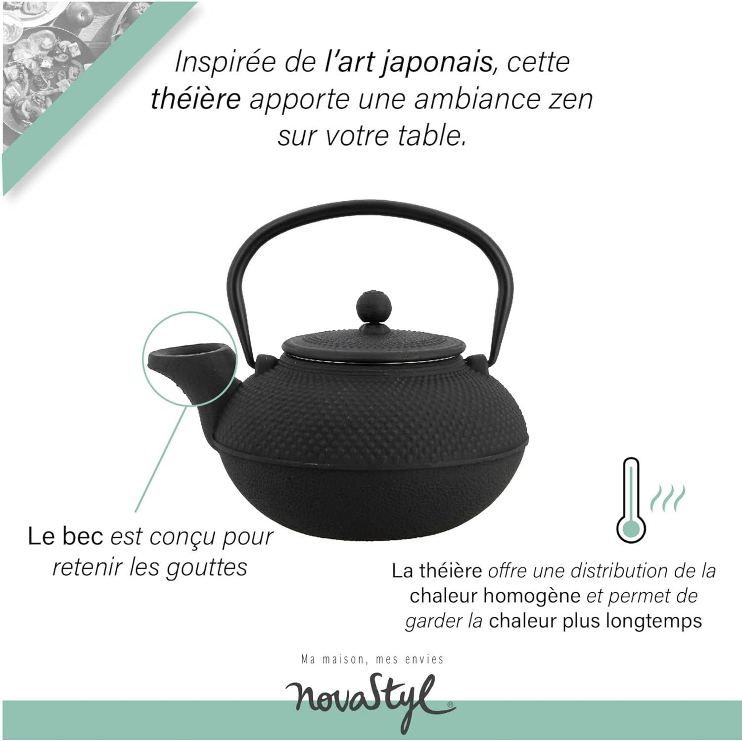 NOVASTYL – Théière en fonte noire OSAKA – 1,5L - Inspirée de l'art japonais - 7321423